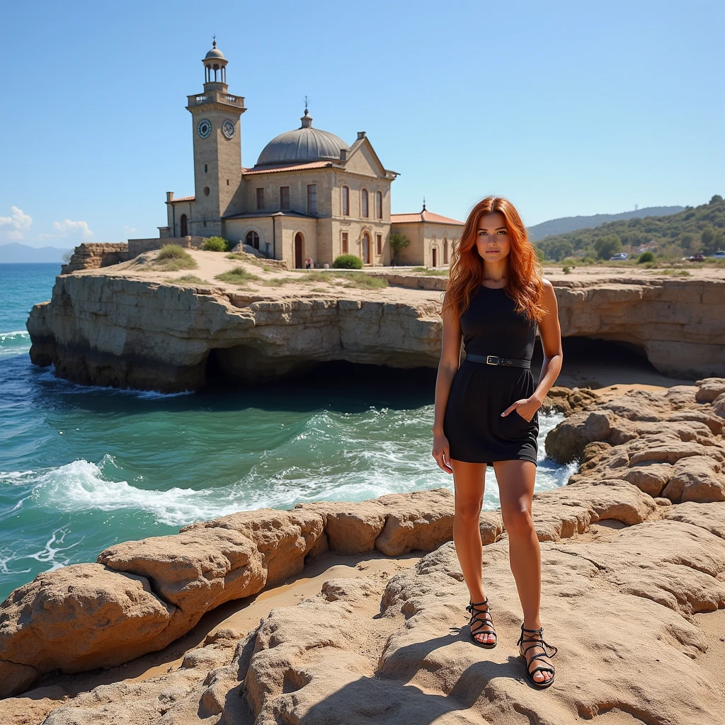 Xyrele, 1girl, solo, 30 years old, (((French face))), (((French nose))), (((French lips))), ((((chubby)))), (((wide hips))), (((blonde hair))), crinkly medium hair, ((Background: Taking photos of the whitewashed houses and lighthouses)), ((upper body and upper legs))
