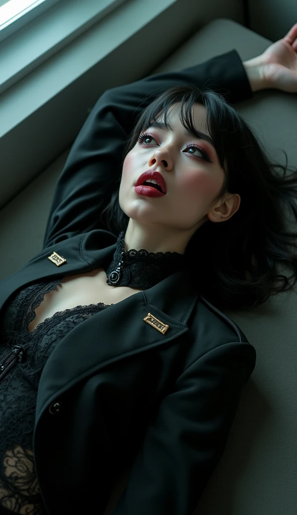 Cool beauty，Looks sweet. Wearing black oversize blazer, deep v, show cleavage, natural big breast, plump body, big thigh. Red background.
