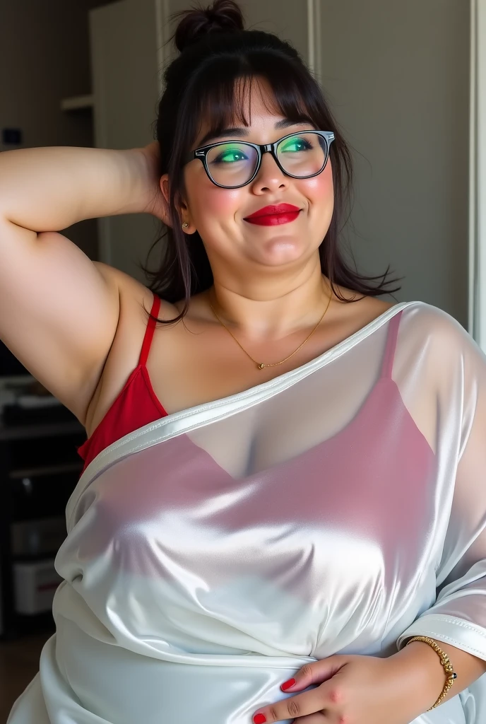 Forty-year-old woman, South American, indigenous race, fat and obese, abused, whipped, denigrated, trembling, terrified, screaming, crying, large fogged glasses, wearing long silky blouse shirt, unbuttoned, low-cut white, with very large flowers, dirty, Pissed white panties, brown hair, short permed curly eighties bad hairstyle, round face with freckles, slapped and flabby, downcast, sad look. They are telling him off