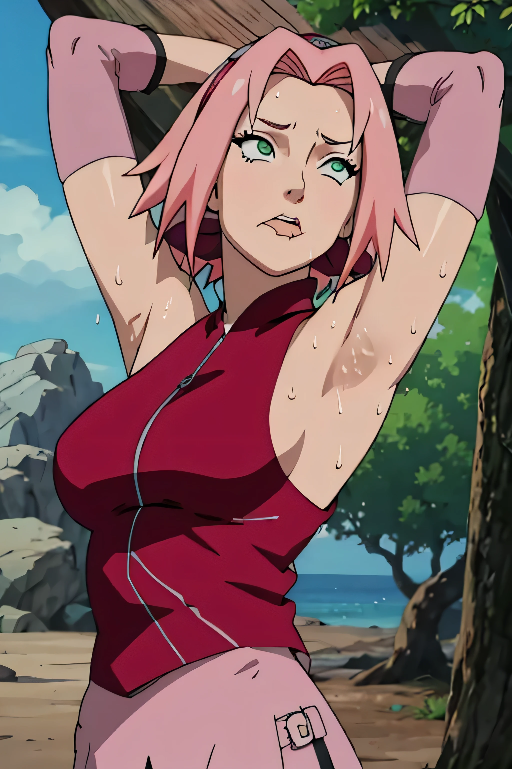 Sakura Haruno,human woman with fair skin.with green eyes and red clothing. Her hair is long and pink in color; She is beautiful. Fair skin.Tsundere face. Pink eye shading,mature appearance,armpits,sweat,sweaty,sweaty armpits,arms up,showing armpits,awesome armpits,outfit,blackish red arm warmers,maroon arm bands,maroon arm warmers,tongue
