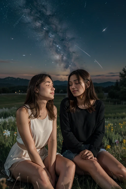 ((best quality)), ((masterpiece)), (detailed), perfectA captivating photograph of a young girl and her cat sitting together on a lush, grassy hill. They both gaze up at a star-studded night sky, where the full moon casts a soft, ethereal glow. The sky transitions from deep purple to warm orange hues, creating a mesmerizing gradient. The leafless trees that surround them are silhouetted against the sky, adding depth and beauty to this serene and enchanting scene..