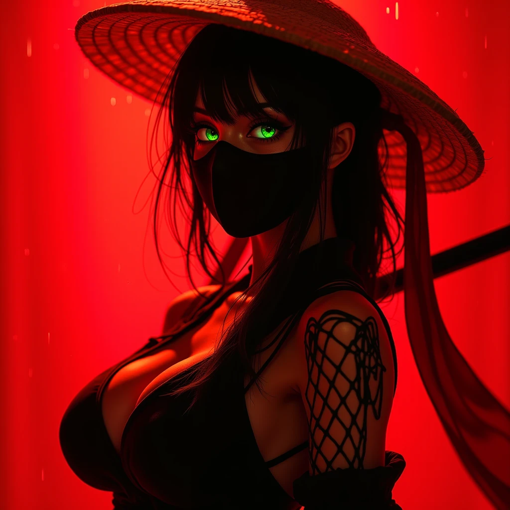 high quality fingers, normal hands, detailed fingers, masterpiece, (realistic, photo-realistic: 1.37), realistic, 1girl, long hair:1.5, black hair:1.2, red eyes:1.5, bright eyes, mortal kombat, ninja, blood, scar, weapons, swimsuit, mortal kombat costume, large breasts, fighting pose, furious look, temple, meditation, injuries, mask, facial mask