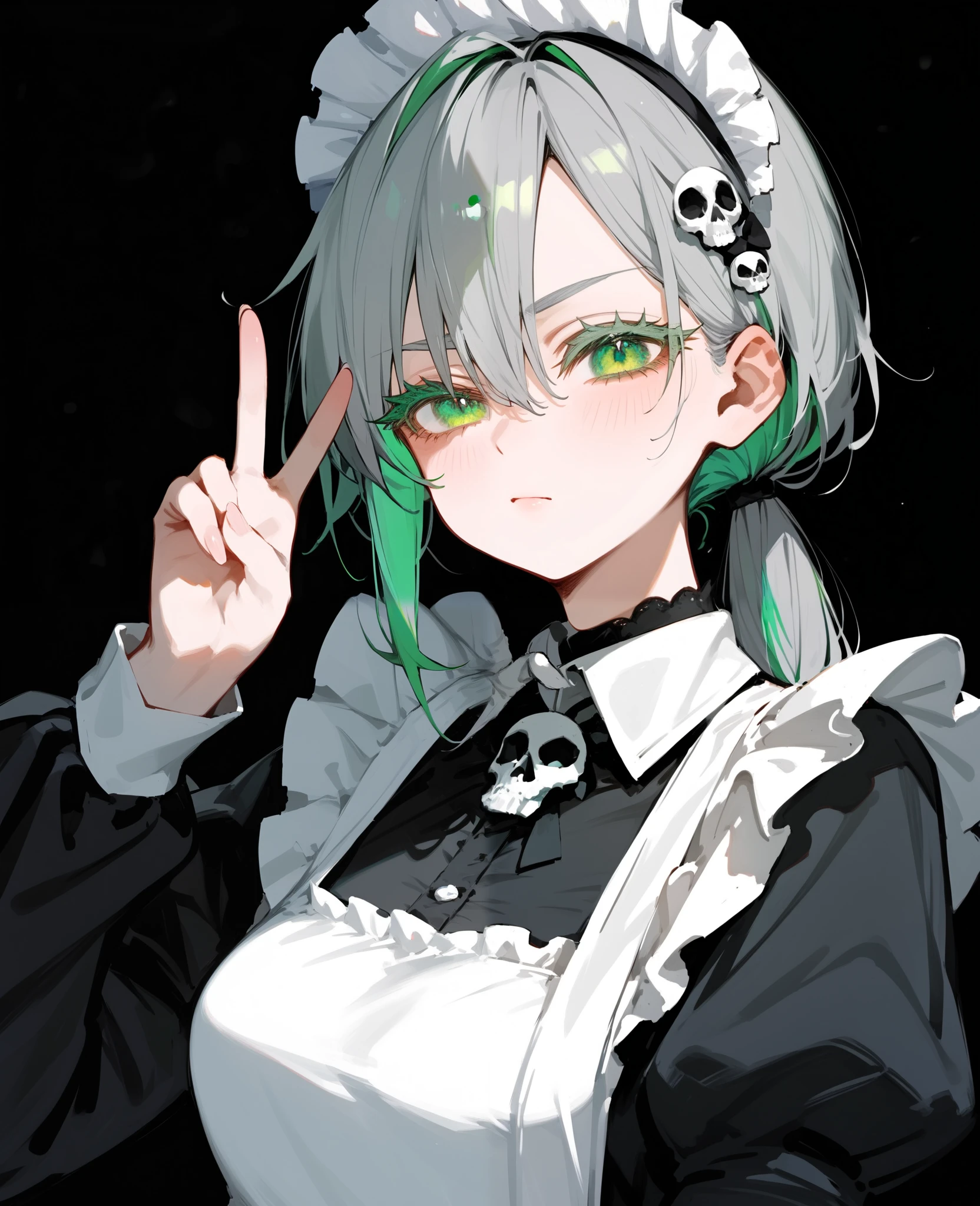  girl,Gray hair,two tone hair,Green Hair,long hair,in green eyes,Hairless Color,Skull Hairpins,black dress,Medium Bust, Tomboy,cute,Maid outfit,,milf, low ponytail ,black background,Long eyelashes, in the form of a whole body.,Cyber,long skirt,Long Sleeve Dress ,v sign,, an indifferent face ,