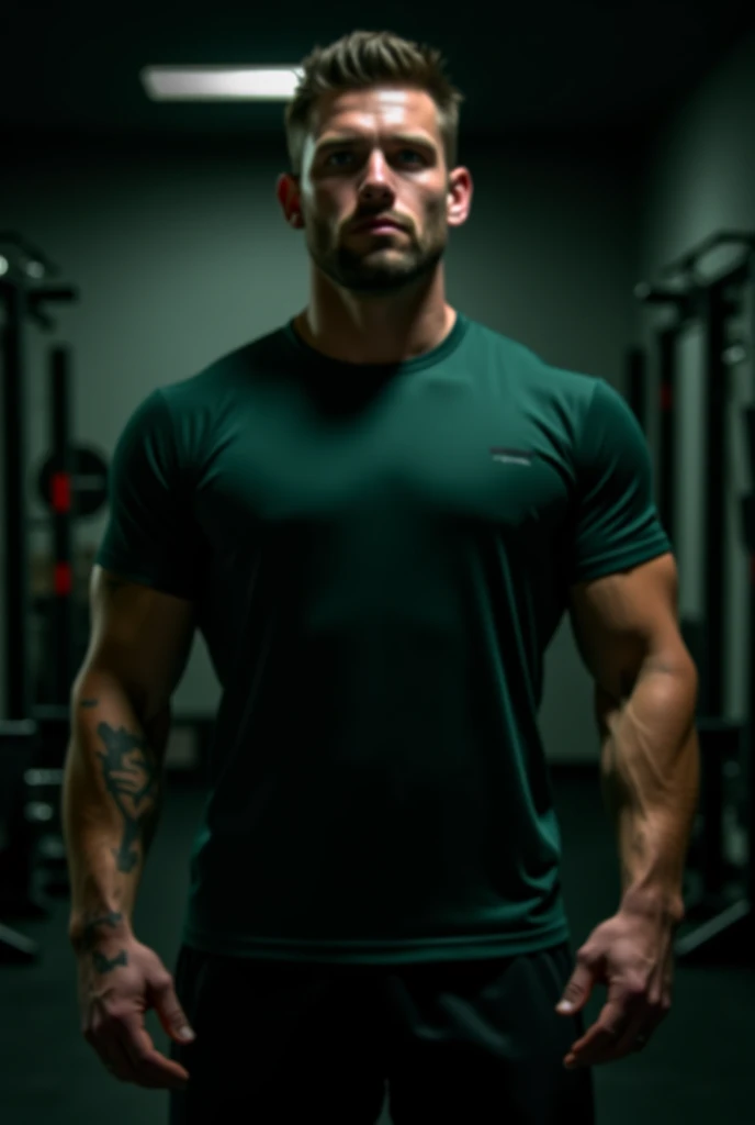 A photorealistic image shot with Sony mirrorless camera, DSLR, 50mm lens f/2.8, ultra detailed, 8k.
The image is of a 4 male gamer with beard and mustache and slickback hair. The man is working out at the gym. He's about 190cm tall, 103 kilos, newbie at the gym. He's a gamer so he's wearing an Xbox t-shirt and Adidas pants. The male is not muscular, normal body with some extra body fat on his belly