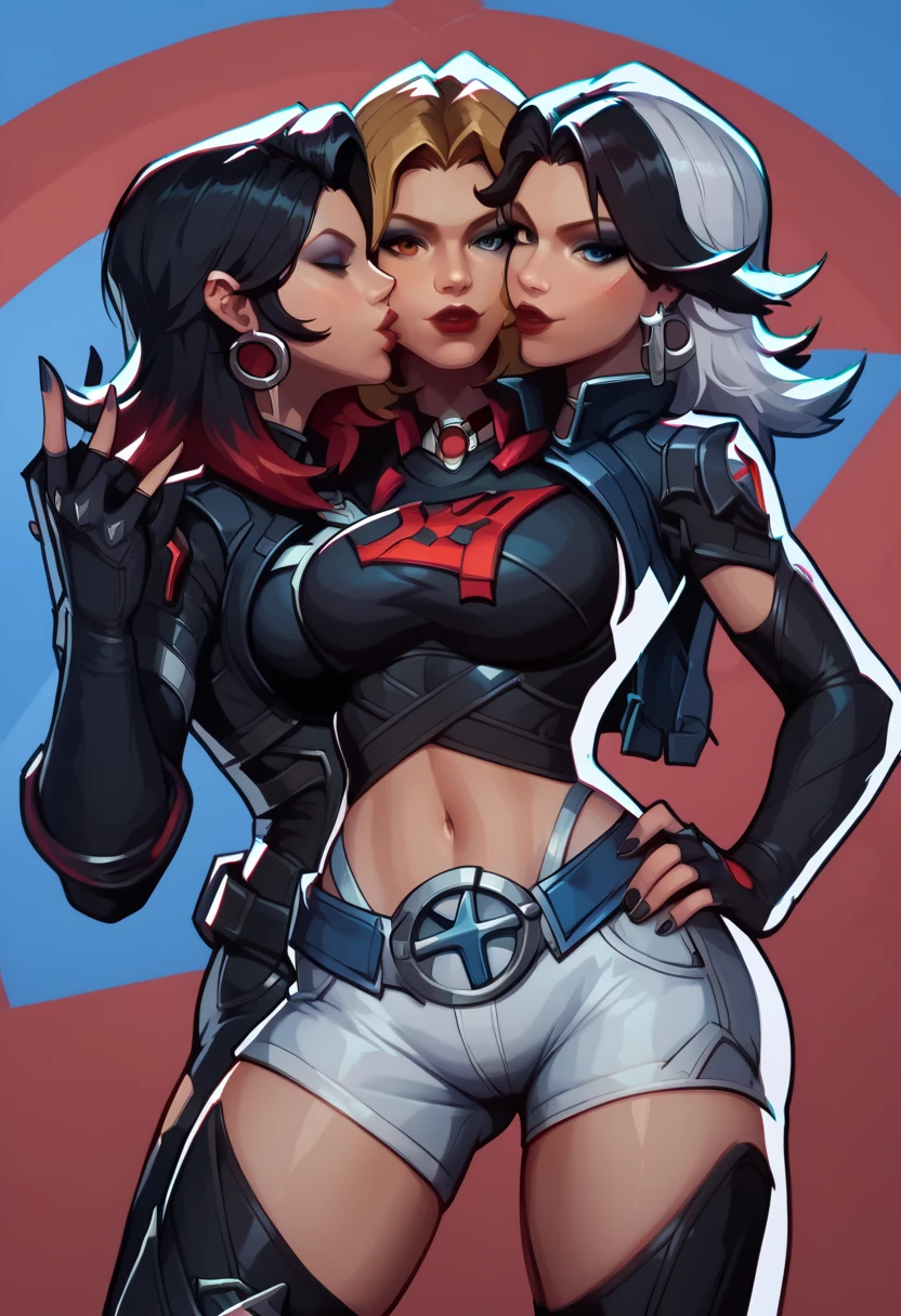 A closeup of a woman wearing red cat uniform with blue coat and some other poses, front side and back poses, cutesexyrobutts, woman with short black hair with light blue locks, eyes with bright blue and red tones with vampire iris, pale skin, vampire, pointed ears, muscular!,  fit body, gynoid body,sweaty body, perfect body, fit body, abdomen, large breasts, chubby butt, prancing ass, prancing butt, full body concept art, detailed full body concept art, Cushart Krenz Key Women's Art, Masamune Shirow style, Yusuke Murata style, Ilya Kuvshinov, Oppai proportions, official character art, uniform, full body concept,   (best quality, masterpiece) a cute chibi girl,