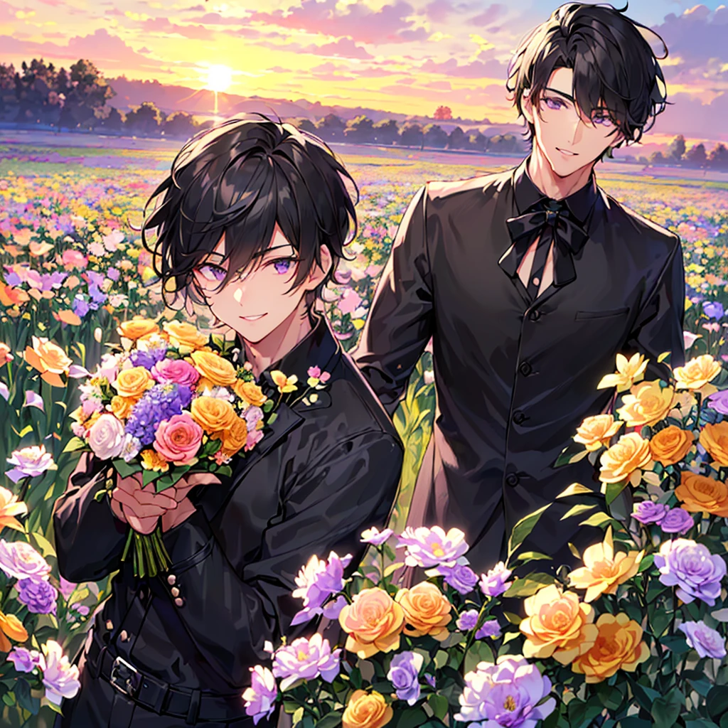 masterpiece,best quality,high quality,(1 male austere handsome solo adult age 30 years old:1.5), purple eyes, cool with suspended eyes, V-shaped eyebrows, body strong and fearless 8.5 head tall, height 185cm, (well-groomed black short hair down to neck:1.4), (bangs 7 thirds parted:1.4), slender nose, facial muscles, throat, (pants with summer flower prints summer fashion:1.3), (holding a bouquet of summer flowers), (stylish pose), (fearless smile:1.3), (background summer flower field:1.3), (Night Sky:1.3), (upper body:1.3)