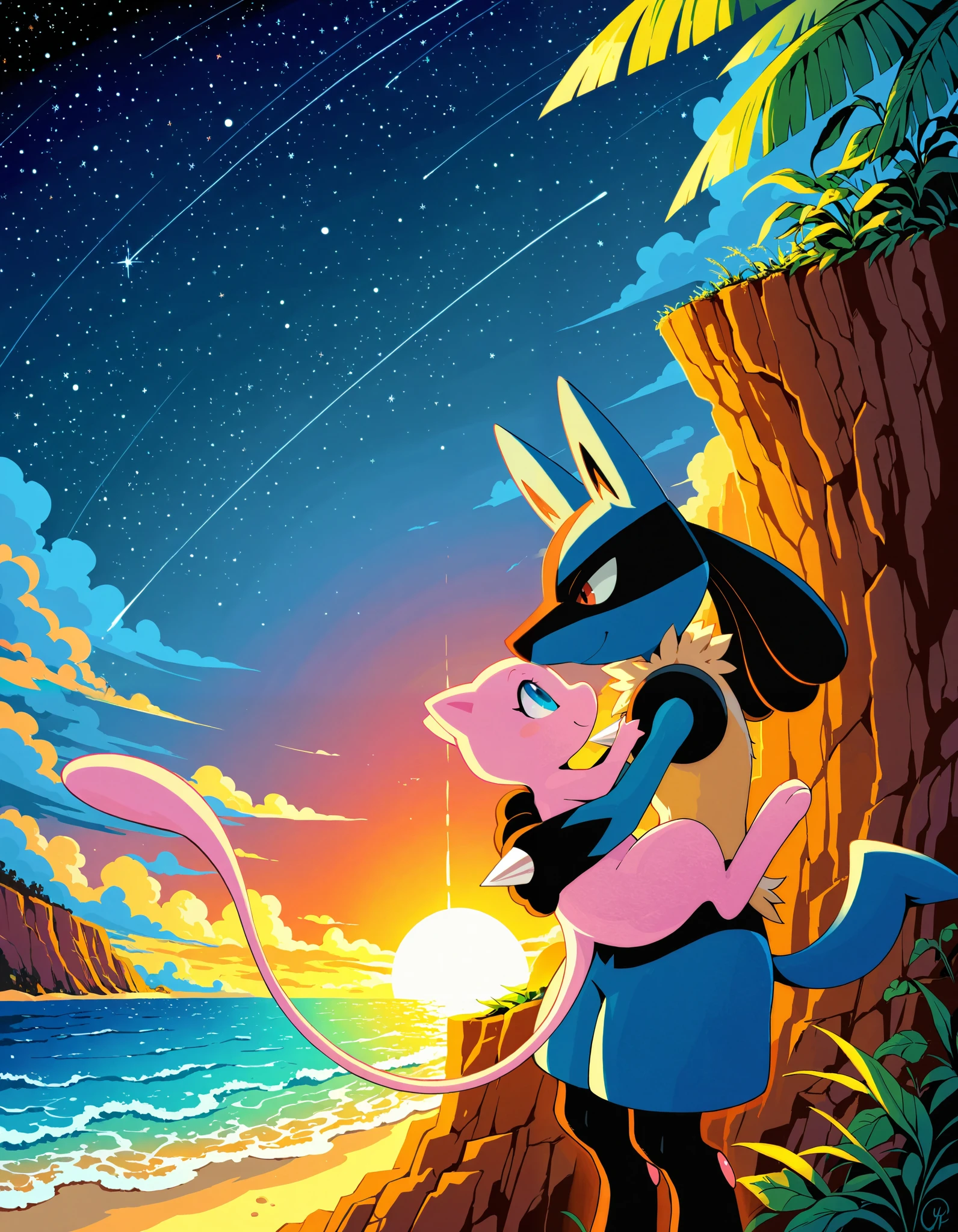 duo lucario, mew, hug, portrait, hug, three-quarter view, looking at another, smile, BREAK, masterpiece, best quality, [:by Waspsalad, by Edtropolis:0.15], detailed background, ambient silhouette, backlighting, cloudscape, beach, plant, sunset, night, starry sky, [:cliff:0.15]