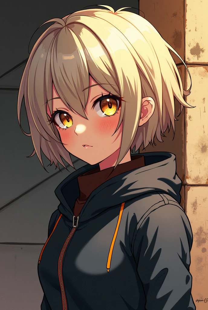 Girl with short ashy blond hair, honey-colored eyes, Boku no hero style with sharp wall 