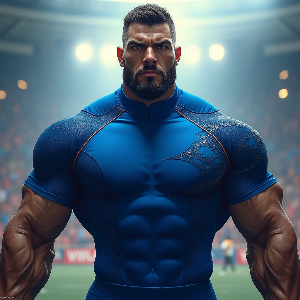 30 years old handsome dashing hot Muscular indian cricket player with sharp chin dimples beautiful eyes spiky black hairs fall on his face, in cricket stadium with tight blue jersey with huge bulge, standing in style, trending on artstation, sharp focus, studio photo, intricate details, highly detailed, head to thighs fit in photo, His perfect( big huge penis) is (coming out) of his pant,masterpieces