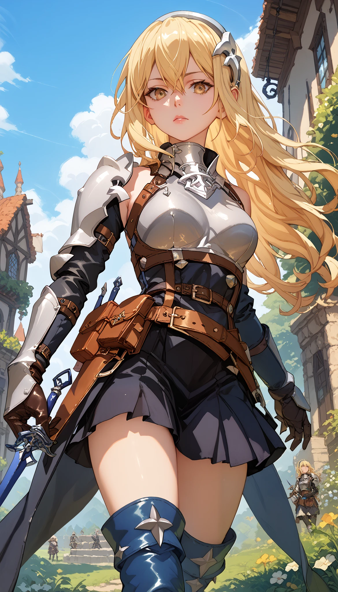 rogu3 aiz wallenstein, blonde hair, hair between eyes, hairband, long hair, yellow eyes, sidelocks, Belts, leather armor, gloves, mask, boots, dagger, medieval