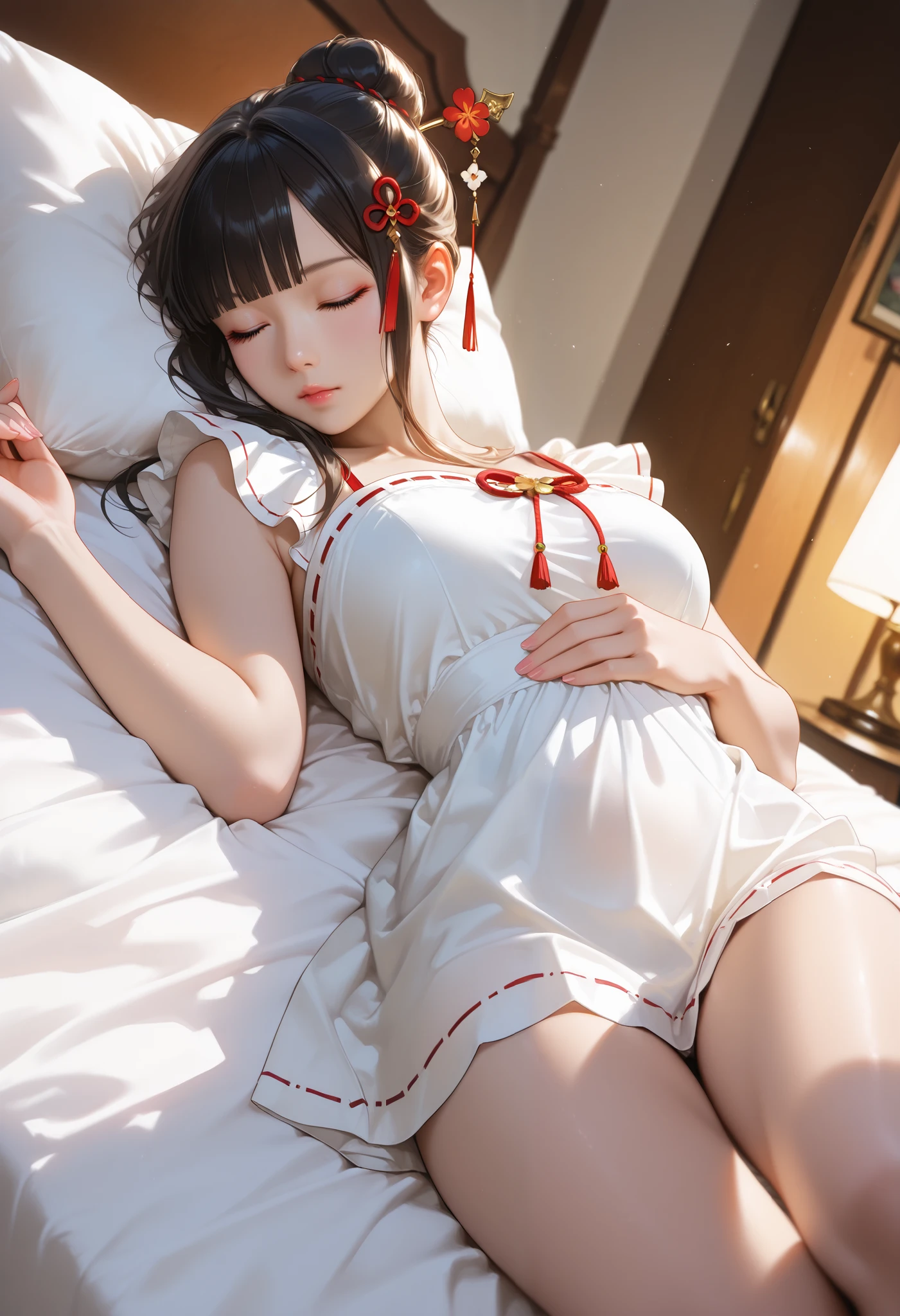 bright look、photorealism、highest quality、Super high resolution、picture extraordinary beautiful girl cute and beautiful face detail、、beautiful bangs shining white skin
TKNKZMI, (best quality,highres:1.2), (realistic:1.37), HDR,UHD,studio lighting,extremely detailed,professional,vivid, best_legs_up, warm toned lighting beautiful woman face, beautiful eyes, black hair, blunt bangs, eye shadow, sidelocks, hair ornament, hair bun, short dress, bedroom, laying down, sleeping, closed eyes, pillow