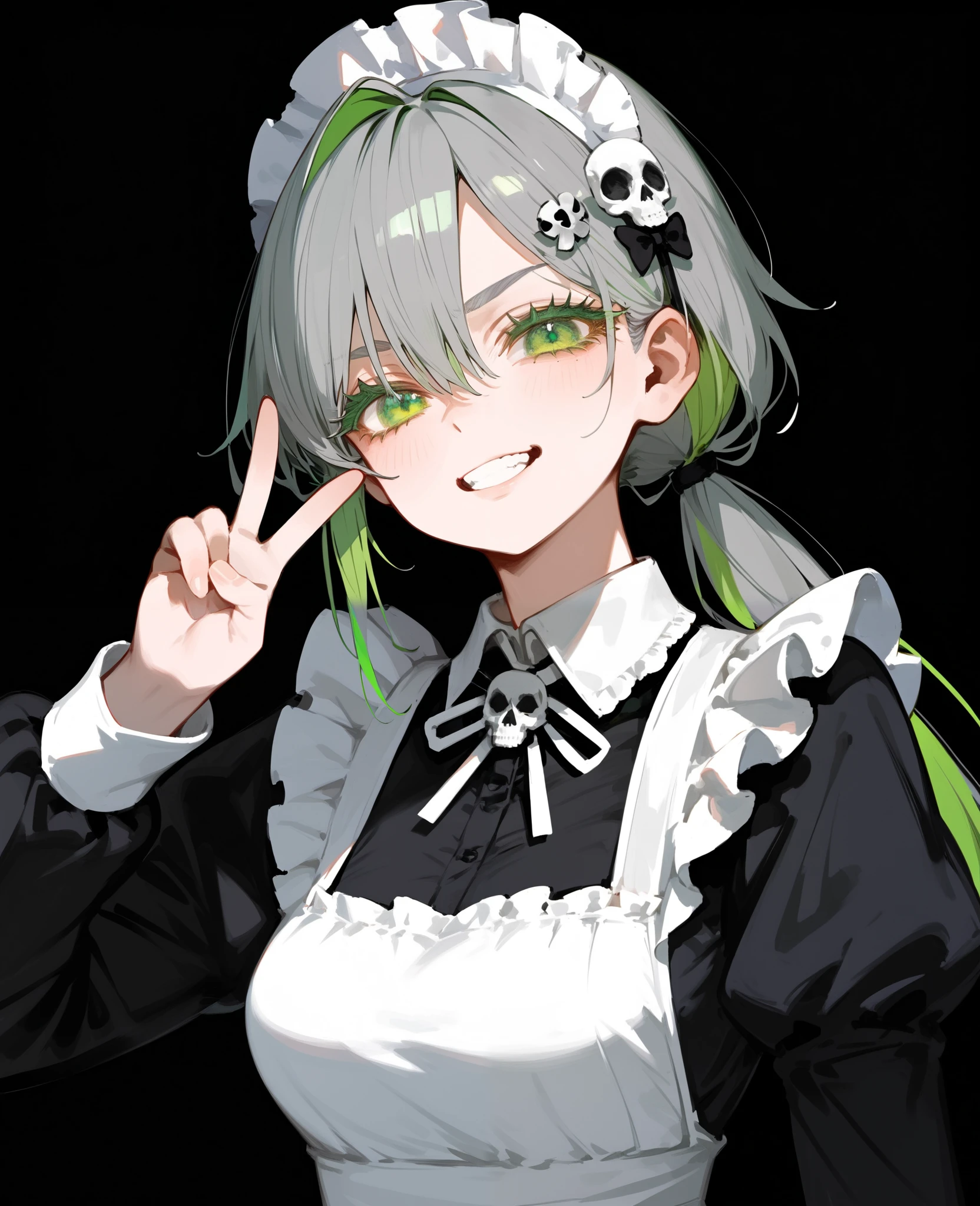 girl,Gray hair,two tone hair,Green Hair,long hair,in green eyes,Hairless Color,Skull Hairpins,black dress,Medium Bust, Tomboy,cute,Maid outfit,,milf, low ponytail ,black background,Long eyelashes, in the form of a whole body.,Cyber,long skirt,Long Sleeve Dress ,v sign,, an indifferent face ,Grit your teeth
