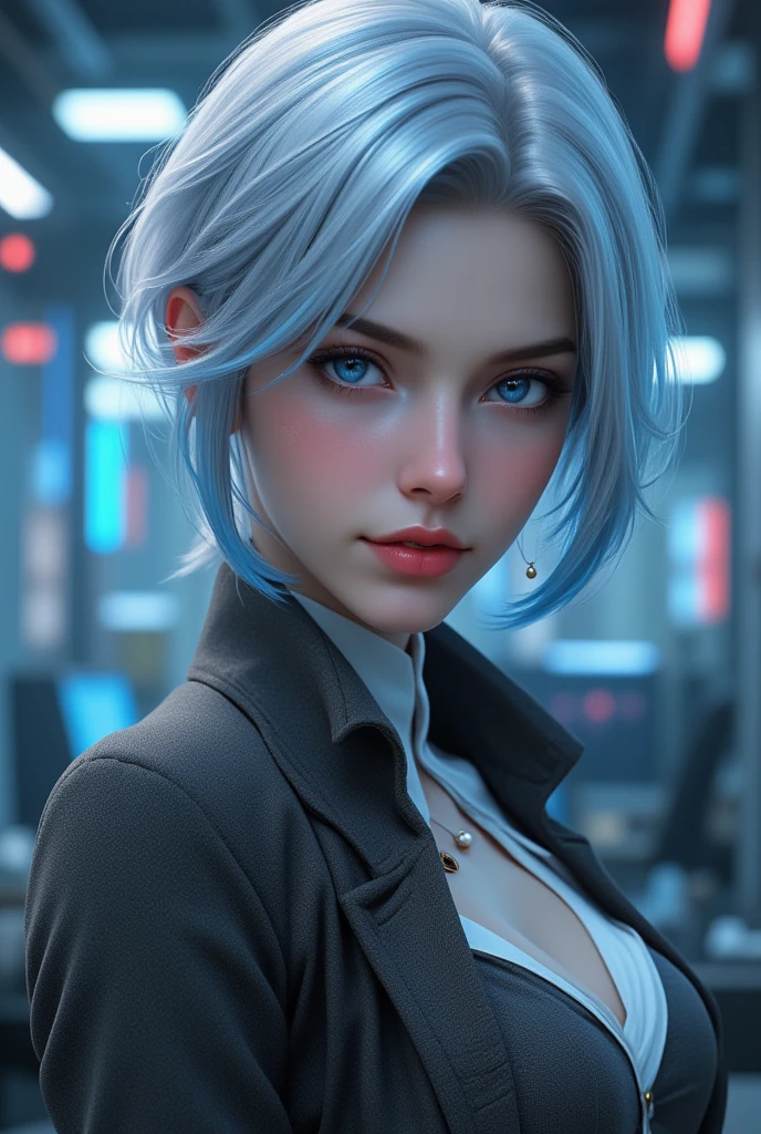 (best quality,ultra-detailed,photo-realistic:1.37),bright and vibrant colors, studio lighting, playful expression, stylish makeup ,( business Jacket ) ,Silver hair , alluring eyes, glossy lips, sexy pose, ,posing for a professional photoshoot ,shallow depth of field, highlighting the main subject, soft natural lighting ,creating a dreamy and magical atmosphere. ((very small breasts )),weak unhealthy ,(((very thin))) excited , (holding a test tube ) in the lab (science experiment
) blue substance in test tube