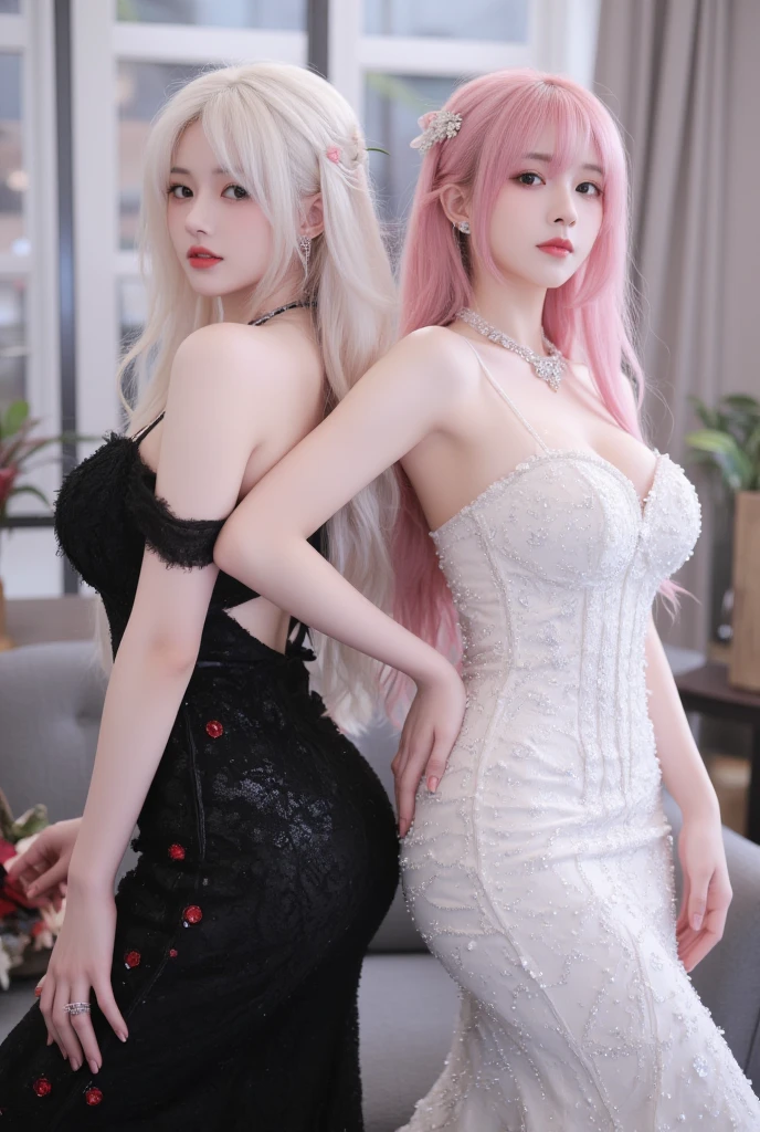 ((最高品質)), ((傑作)), (詳しい), (完璧な顔), (ultra high resolution:2), (most beautiful girl), (beautiful symmetry face), (perfect sexy figure:2), (perfect sexy proportion:2), (huge breast:1.7), (big breast:1.8), (ultra soft breast:1.8), (very soft breast:1.5), (very soft cleavage:1.9), amazing cleavage, busty, (great cleavage:1.5), 1girl, (dress that emphasize cleavage:1.8), (pose that emphasize cleavage:1.5) ,(kind smile:1.4), (her chest facing to me:1.8), (her body facing to camera:2.1), (sitting on bed:1.9), (sexy high slit dress:1.5), (v-strings high waist:1.8), (extreme high waist:1.4), (party dress:1.3), (silvery pink hair:1.7), (short-bob hear:1.7), princess, (European woman:1.9), (hotel resort:1.2), (gorgeous bed room:1.8), (sexy party dress:1.5), extreme sexy dress, super sexy dress, (gorgeous suite:1.9), royal, (gorgeous:2), seductive pose, brown eyes, (navel:1.1), (her gaze is on me:1.6), (transparent glass wall:1.5), (big window:1.3), high detailed room, (gentle lighting:1.3), non-nude,
