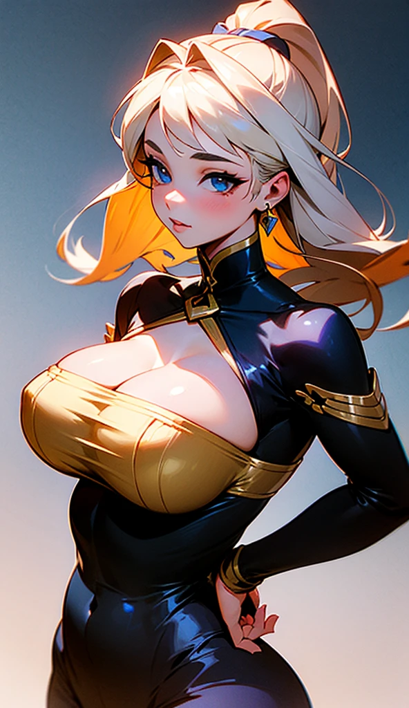 (best quality:1.5, highres, UHD, 4K, detailed lighting, shaders), black wavy hair, large breasts , woman gold jacket, long gold coat, (pov), Portrait, white background