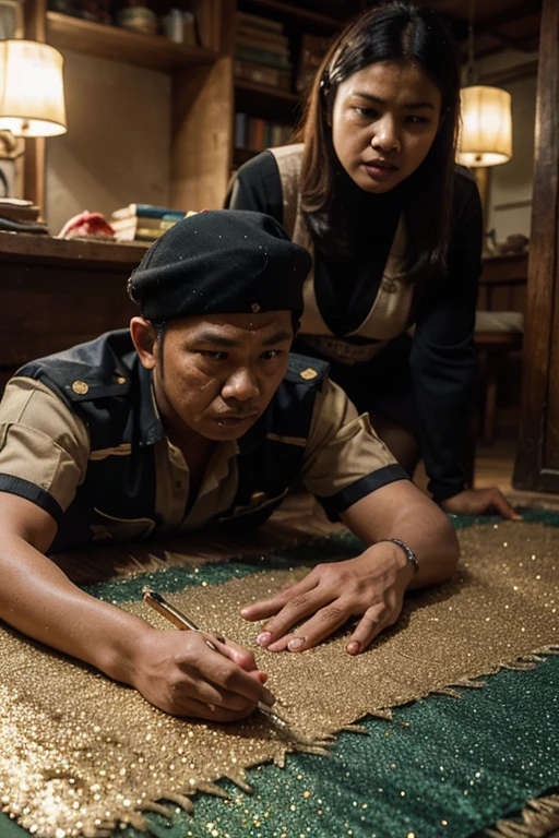 A soldier is holding a sniper. His mother is feeding him rice. Son is studying and daughter is watching TV.