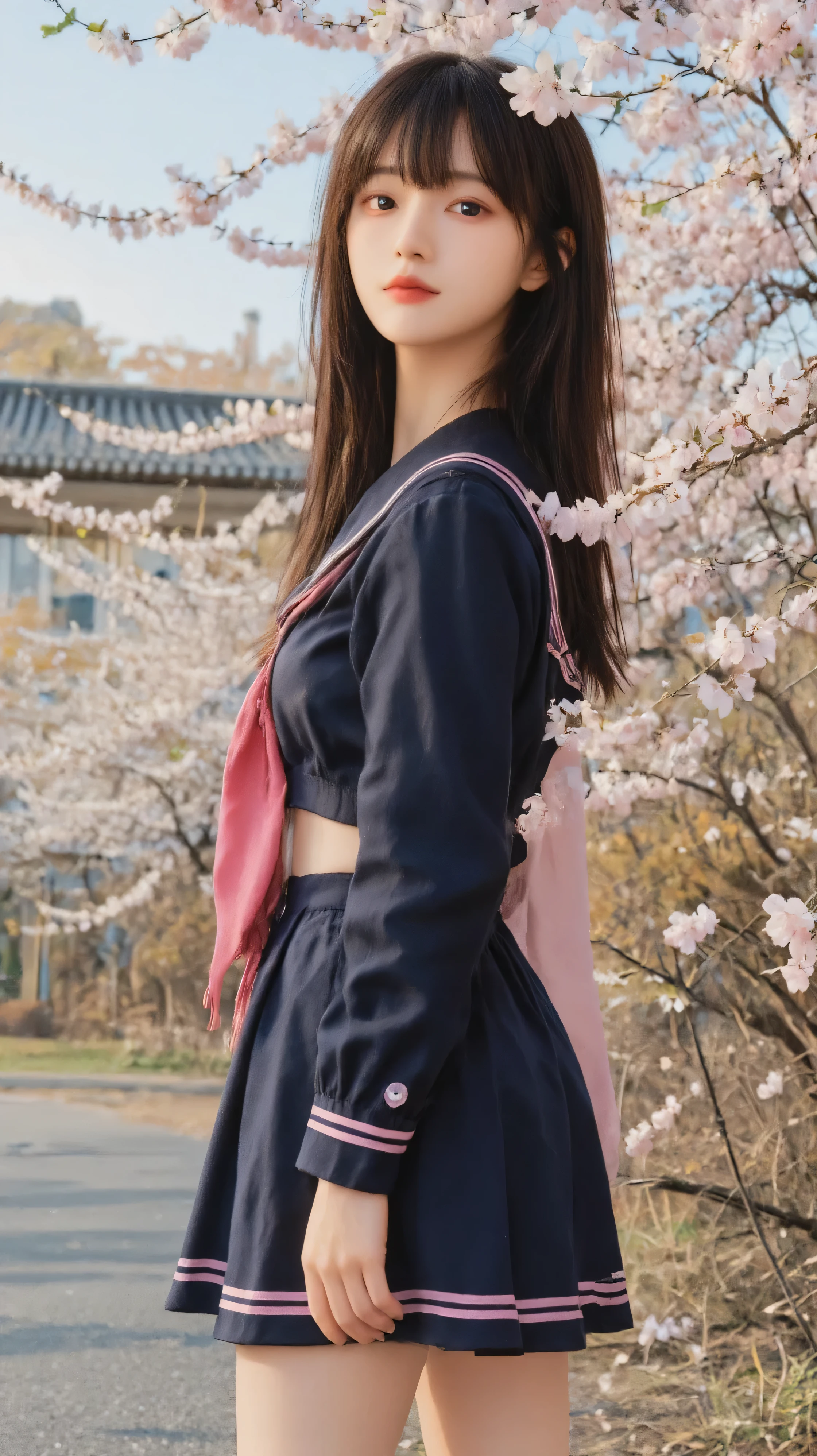 (full_body_shot:2), (8k, RAW photography:2), (masterpiece:1.8), (realistic:1.8), (photorealistic:1.8), professional lighting, (highly detailed:1.7), (deliberate expression:1.5), (The girl is wearing a navy blue long-sleeved sailor suits with pink lines.), (Regular length sailor suit:2), (A single deep pink scarf is wrapped around the sailor suit:1.8), (Navy blue short skirt with pink lines:2), (White socks:2), (black Leather shoes:2), (well-proportioned body:1.5), (long legs:1.7), (small head:1.6), (large breasts:1.4), (Shiny long black hair:1.5), (straight bangs:1.4), (Pink lips:1.4), (long eyelashes:1.2), (girl standing under a cherry blossom tree in full bloom:1.6), (Profile shot taken from a distance:2), (Full body view from the side:2), (sideways angle:1.6), (Girl gazing into the distance:2), (Girl looking at the distant sky:2), (Side view of a girl:2), (perfect side angle:2), (camera at 90 degrees from front:1.7), (hair flowing in wind:1.3), (Looking into the distance:2), (sideways pose:1.7), (profile view:1.8), (high school girl in side view:1.6), (complete side profile:1.6), (against large cherry tree:1.4), (cherry blossoms in background:1.3), (Clothes that reveal the chest:1.6), (not wearing a shirt under her sailor suits:2), (Wear fabric color is only navy blue:1.7), (Ribbon scarf:1.3), (Sailor suit with no buttons:1.4), (Great proportions:1.4), (Tall high school girl:1.4), (She's naked underneath her sailor suits:1.4), (Girl is only wearing a sailor suits:1.4), (her neck is exposed:1.4), (Girl is not wearing any shawl, stole or muffler:1.4),