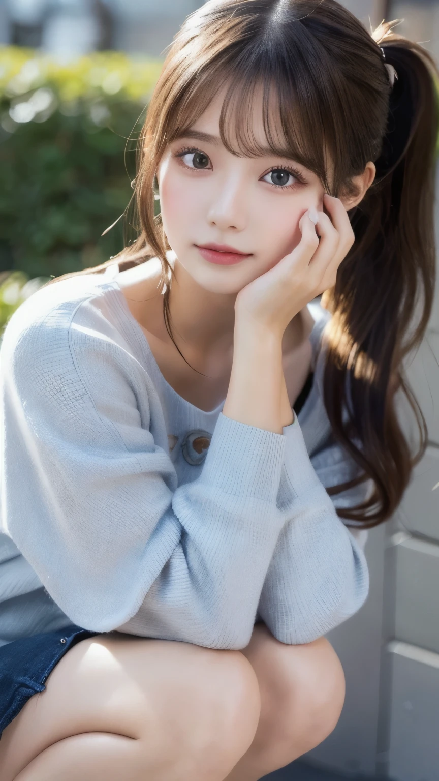 ((software: 1.4)), (( Detailed face, Cute Face, Detailed face, Professional photography)), ((((Are standing)) , (Hands on knees) , Leaning forward ( smiling : 1.2), Earrings)), (( Shiny platinum blonde silk hair, beautiful shiny bangs, Big clear sky blue eyes, Very beautiful bright eye highlights, 1 person)), Ultra-high resolution, (Realistic: 1.4), RAW Photos, Highest quality, (PhotoRealistic Stick), concentrated, Soft Light, (()), (( (Young Face))), (surface), (Depth of written boundary), masterpiece, (Realistic), woman, bangs, ((1 person))