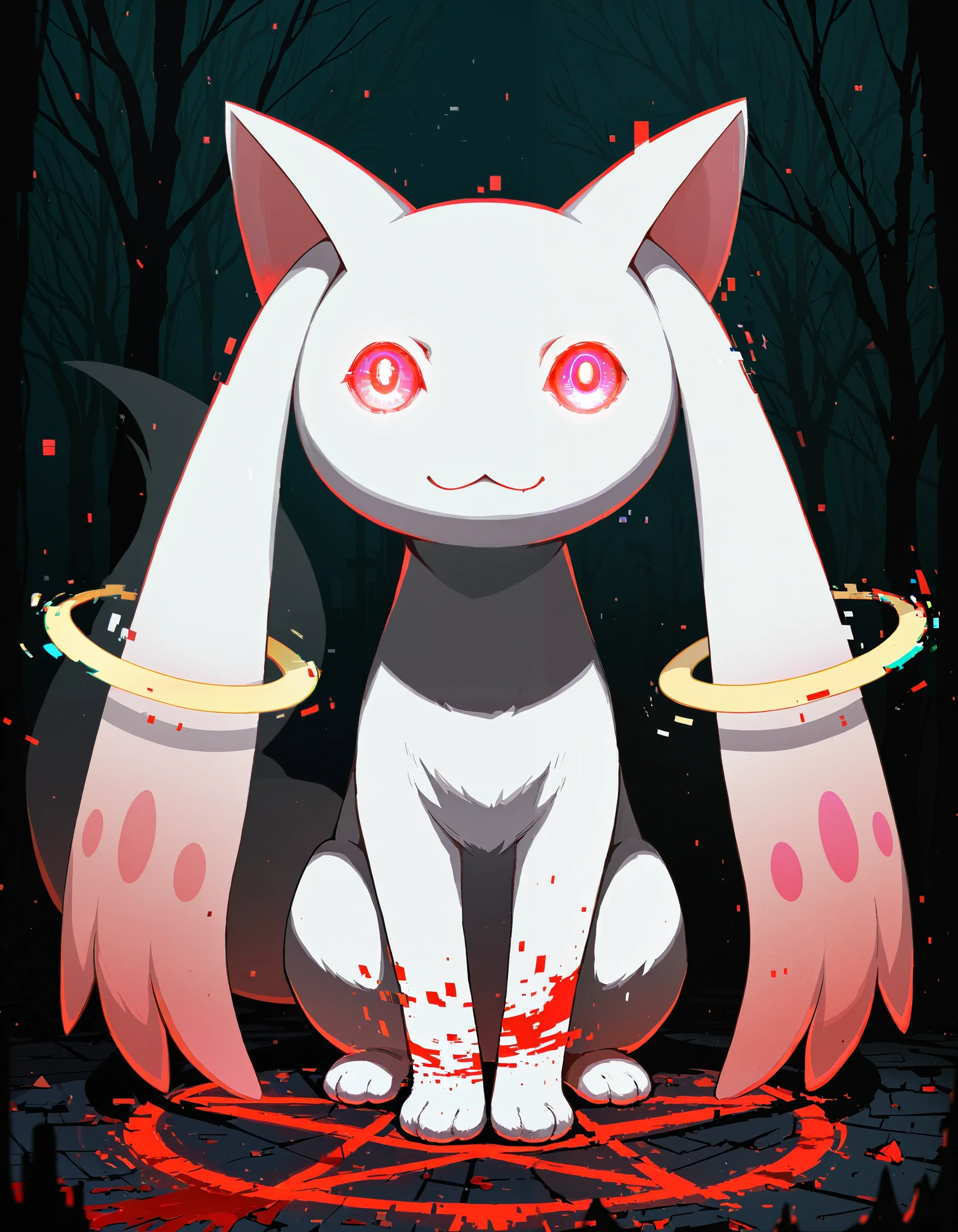 solo feral kyubey, glitch creature, shadow creature, glowing eyes, half-length portrait, sitting, front view, BREAK, masterpiece, best quality, glitch, detailed background, ambient silhouette, depth of field, horror \(theme\), dark place, [:tree:0.15], red light, foggy, blood, cult