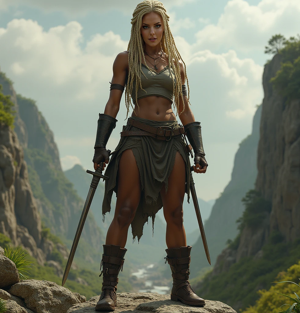 (melhor qualidade, 4k, 8k, high resolution, obra-prima: 1,2), ultradetalhado, (realista, fotorrealista, fotorrealista: 1,37), Mulher caucasiana, rosto triangular, determinado, Viking, guerreira, centro da imagem, cinematographic: a imagem em preto e branco, Strong character, fierce expression, muscular physique, long flowing hair, thick braids, capa de pele, armadura usada em batalha, nordic silver helmet, gravuras intricadas, espada larga, escudo, conquista do inimigo , cena de batalha intensa, smoke and dust, noite de luar, dramatic shadows, Epic atmosphere, heroic pose.