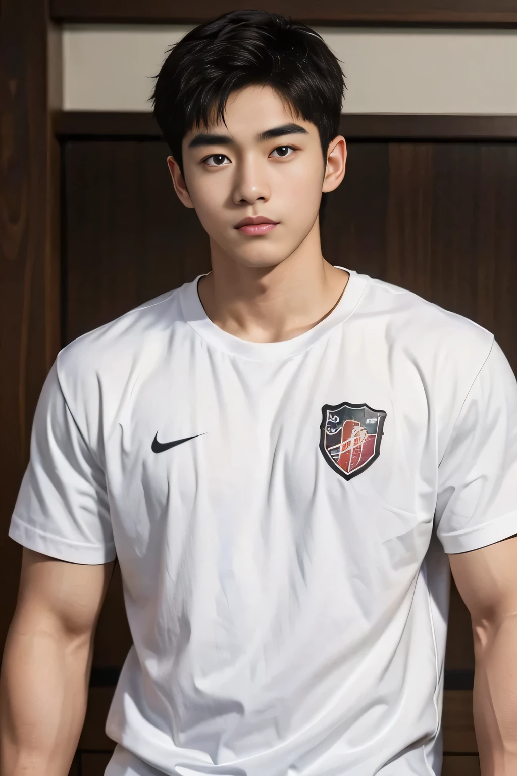 NSFW : 独奏: 1.5, (As a matter of fact, Masterpiece, 8k HD, good light quality, sportswear, fit the face, complicated details), A handsome, muscular young Korean man sits at a table, with muscular arms. , 20 years old, be happy, detailed face, delicate eyes, look at the sky, Wear a tight blue t-shirt.:1.6 , jeans period, black eyes, Black hair color, ผมsmooth, smooth，Surreal，Superb details，Highest quality，real，Open your mouth to talk. , Close your eyes., (standing in the football field:1.1)