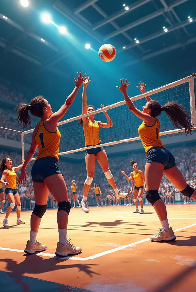 (hight resolution, Best Quality, Masterpiece:1.4), (1Woman :1.3), tall slender legs, sparkly skin, narrow hips, Teeth on the skin, big breastes, (Woman in volleyball clothes showing breasts:1.3), volleyball shorts, Short shorts, Sweating Lots, (on the volleyball court:1.2), taut clothes, The expression of an angry face, Beautiful background,