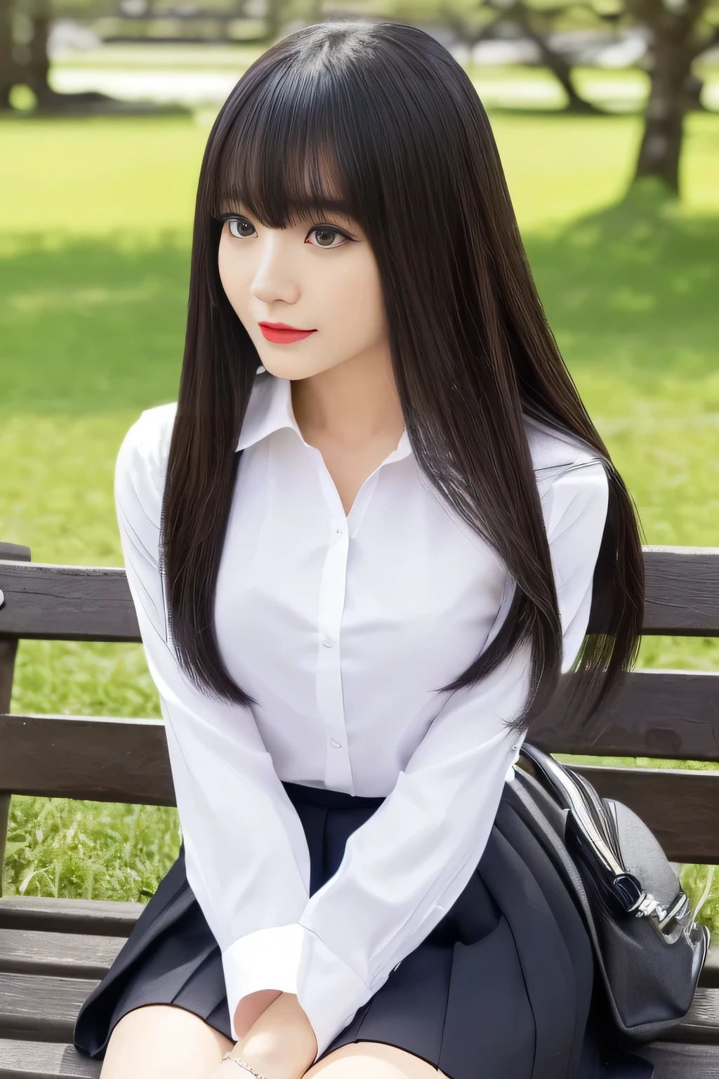 (I perfectly photographed my whole body from knee to head)(I took a picture of a female college student in a spring park)(She is sitting on a park bench with her bag in elegant style)(perfect face of the most beautiful Japanese female college student)(Best Quality)(masterpiece)(Get used to it)(Best Details)(4K)(elegant makeup)(happy expression)(Perfect lady face)( perfect double eyelids)( she has Asian eyes )(cinematic quality)(arched eyebrows like a makeup model)(Beautiful black mascara)(cute red lipstick)((neatly arranged、cute bangs that naturally hang down at an angle))((The straightest and most beautiful black hair in Japan))((One-length semi-long hair neatly arranged on the chest))((down to the highest quality hair details Closeup!!!!!))(Shiny and beautiful hair!!)((The most straight and beautiful hair in Japan!!!))(thick healthy beautiful hair)(beautiful flowing hair )(The most beautiful hair in Japan!!!!!)((I feel the arrival of spring、fluffy shirt))(white skirt)(shot in a beautiful grassy park)