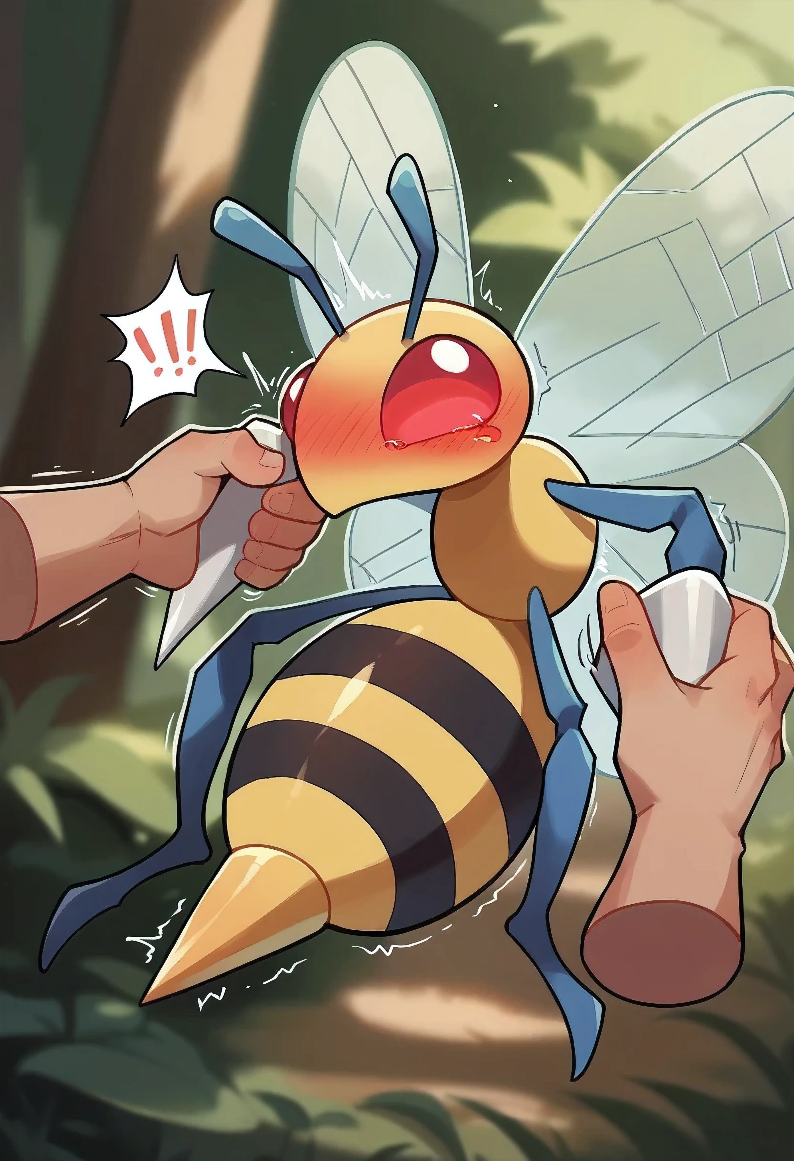 [beedrill❔] [Come now!🐝💦 - Stinger license... revoked*] [When your immune to bee-stings] - solo, blurred background, dof,  full-length portrait, beedrill, pokemon (creature), insect, wings, ((beedrill drill-hand)),
