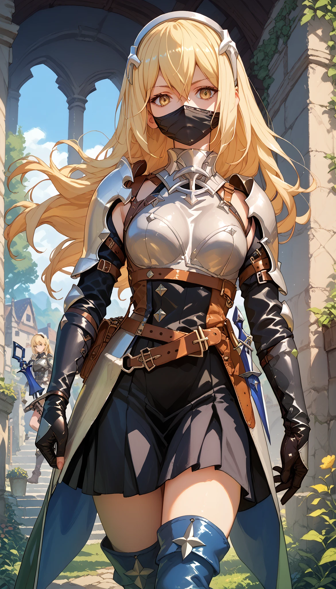 rogu3 aiz wallenstein, blonde hair, hair between eyes, hairband, long hair, yellow eyes, sidelocks, Belts, leather armor, gloves, mask, boots, dagger, medieval