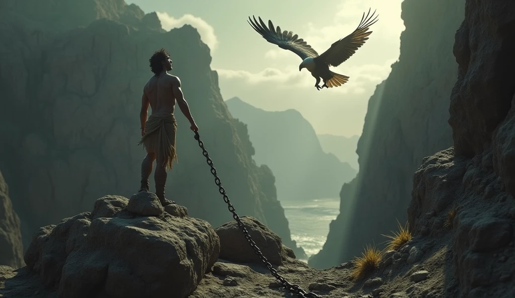 Characters: Prometheus, eagle - Description: Prometheus encadenado, eagle devouring its liver - Epoch: Greek Antiquity - Clothing: naked, chained - Place: Rock in the Caucasus - Action: Eagle attacking, Prometheus sufriendo
- Fondo: The rock, sky and mountains - Plan: Wide shot
- Estilo: hyper-realistic, Photo realism, cinematography
