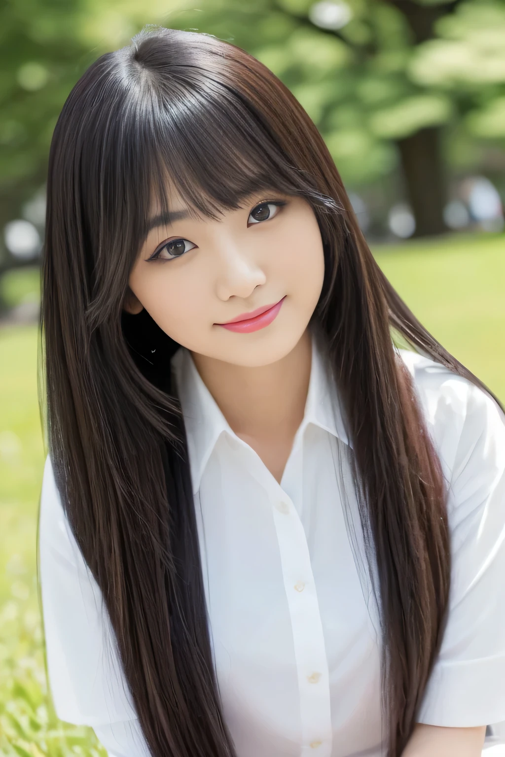 (I perfectly photographed my whole body from knee to head)(I took a picture of a female college student in a spring park)(she is sitting on a park bench with her bag in an elegant style)(perfect face of the most beautiful Japanese female college student)(Best Quality)(masterpiece)(Get used to it)(Best Details)(4K)(elegant makeup)(happy expression)(Perfect lady face)( perfect double eyelids)( she has Asian eyes  )(cinematic quality)(arched eyebrows like a makeup model)(Beautiful black mascara)(cute red lipstick)((neatly arranged、cute bangs that naturally hang down at an angle))((The straightest and most beautiful black hair in Japan))(( Stretch to the Knees 、very long hair:1.4))((down to the highest quality hair details Closeup!!!!!))(Shiny and beautiful hair!!)((The most straight and beautiful hair in Japan!!!))(thick healthy beautiful hair)(beautiful flowing hair )(The most beautiful hair in Japan!!!!!)((I feel the arrival of spring、fluffy shirt))(white skirt)(shot in a beautiful grassy park)