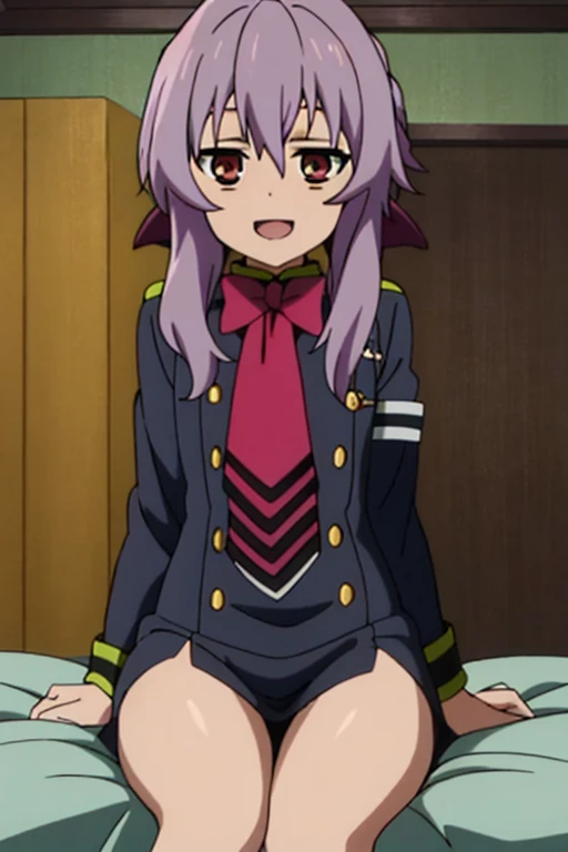 Shinoa,1girl, solo, purple_hair, hair_between_eyes, bow, looking_at_viewer, smile, sidelocks,shirt,white shirt,dress shirt, no panties, bare legs, bare arms, wariza,expressionless,