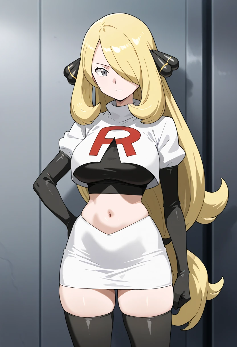 8k, masterpiece,highres,very large breast, team rocket uniform, red letter r, white skirt,white crop top,black thigh-high boots, black elbow gloves, glaring angrily, looking down at viewer, hands on hips, cowboy shot, zettai ryouiki,from below, black panties,anime style, vivid colors, sharp focus, intense lighting,pokemoncynthia, blonde hair, hair ornament, hair over one eye, long hair, (yellow eyes:1.5)