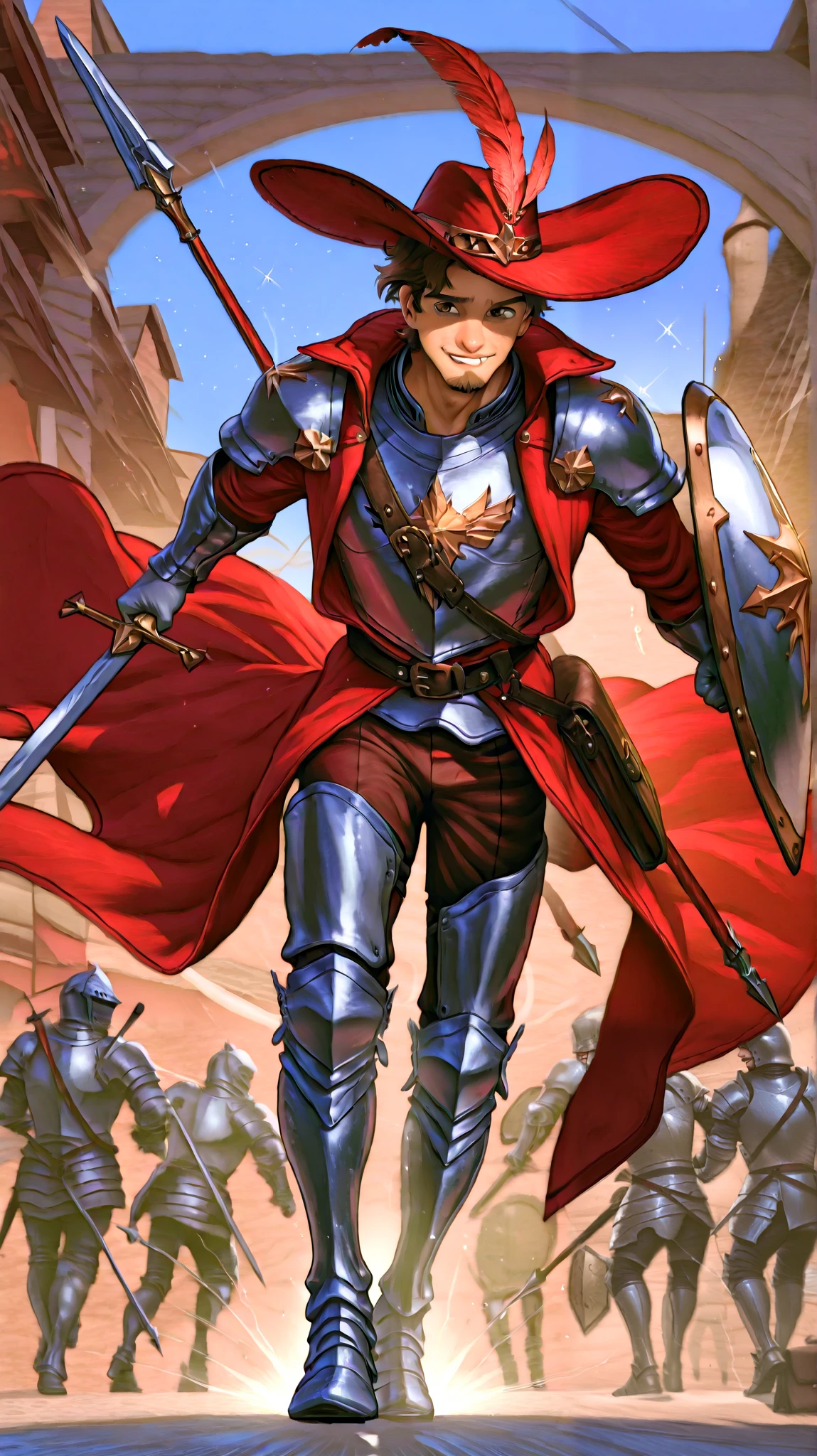 A charming mature male knight wearing a chest plate with shoulder pads and silver gloves, covered on top with a red overcoat with gold details, Also using silver greaves, runs at high speed through the middle of a bustling street market. Your red wide-brimmed hat, adorned with a single big gold feather and a metallic ornament, almost flies in the wind while He moves swiftly between stalls and frightened vendors. His sly smile and golden look sparkle with adrenaline and fun, while his disheveled brown hair frames a face with a bearded goatee. He carries a leather bag, a sword around the waist and a spear and shield on the back. Semi-realistic style, hair, with an emphasis on the energy and speed of the scene.