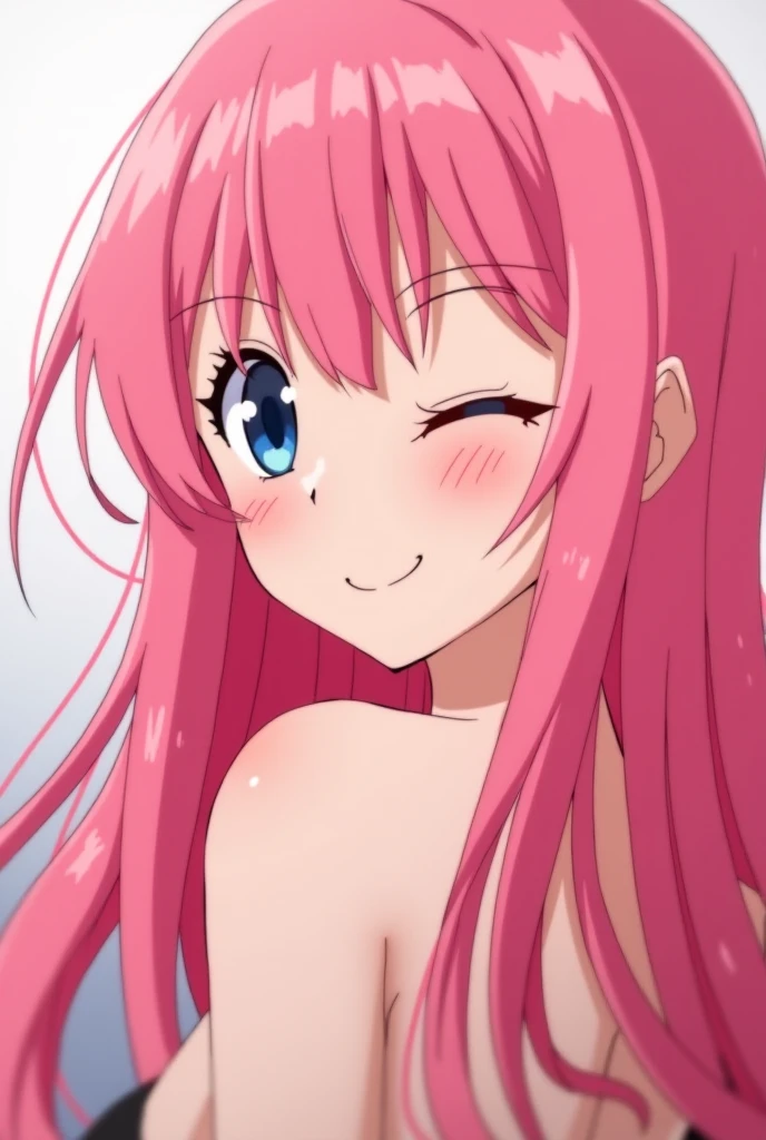 1girl, solo, long hair, breasts, looking at viewer, blush, smile, bangs, blue eyes, medium breasts, closed mouth, nipples, blue hair, collarbone, upper body, pink hair, nude, multicolored hair, floating hair