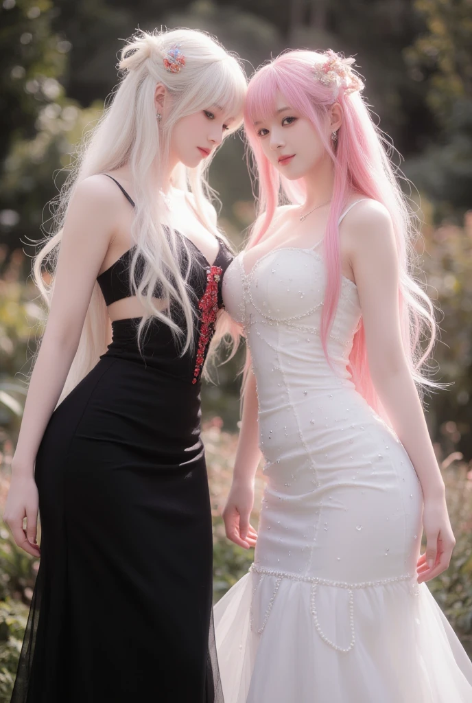 teens girl。Long hair and waist。Love to laugh。Green eyes。being thin。Bigchest。A pink-haired。Pure white flower marriage。under a sakura tree。A pair of small red horns on the forehead --auto