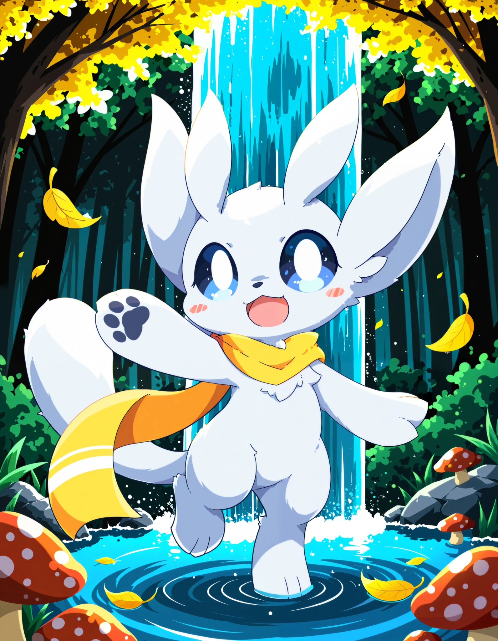 solo ori \(ori\), guardian spirit, fluffy, happy, big eyes, [chibi::0.04], white body, white hooves, looking at viewer, yellow scarf, dancing, BREAK, masterpiece, best quality, high quality, [[:by Nettsuu, by Nakimayo:0.15]:realistic, photorealism:0.45], detailed background, depth of field, foggy, [:autumn, glowing tree, water, golden light, fungus, leaf, waterfall:0.15]