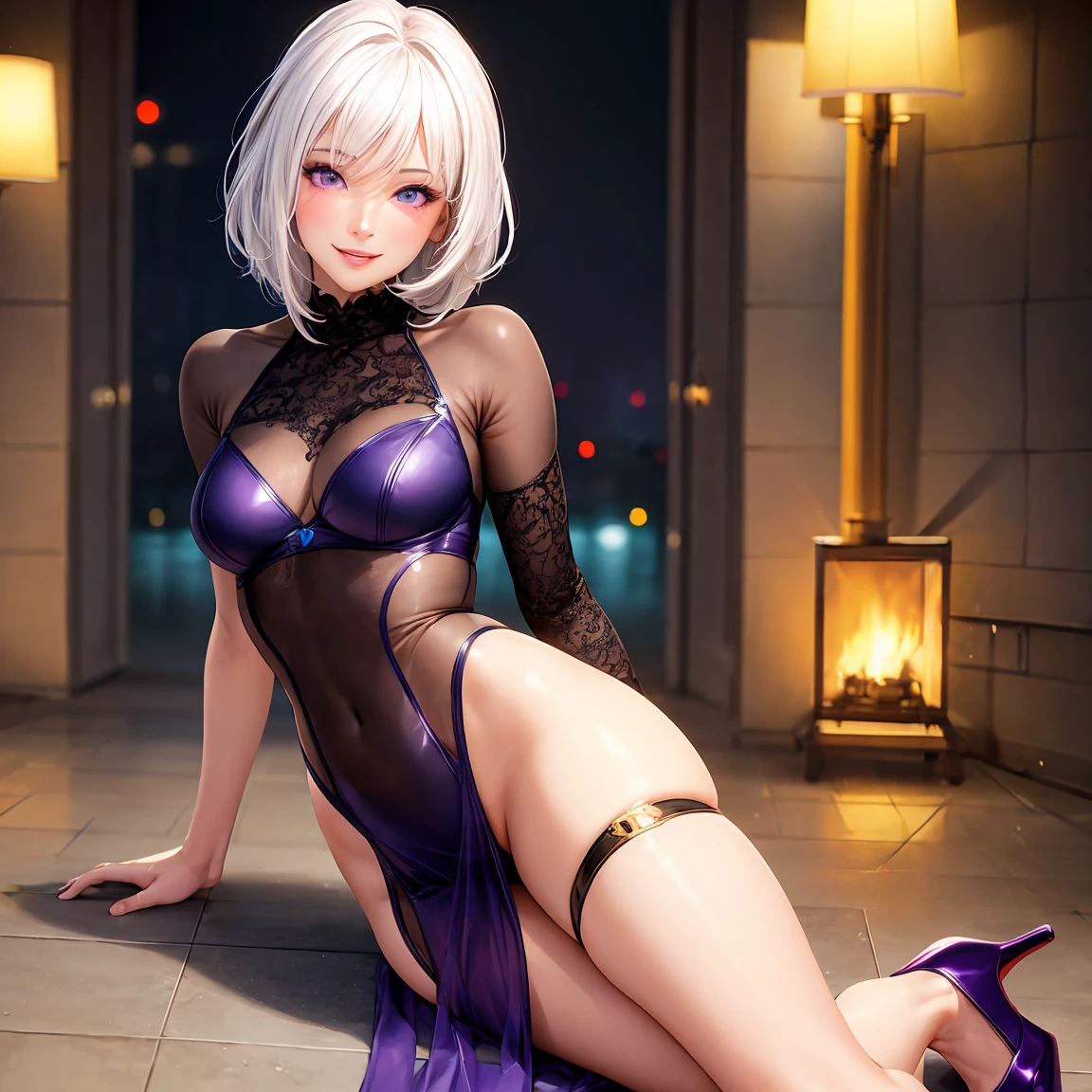 Realistic, 1girl, white hair, purple eyes, glowing eyes, cropped top, skirt, parted lips, blush, night, flowers, sun, sun, sexy, feminine, seductive, provocative, multi-angle shooting, appropriate pose