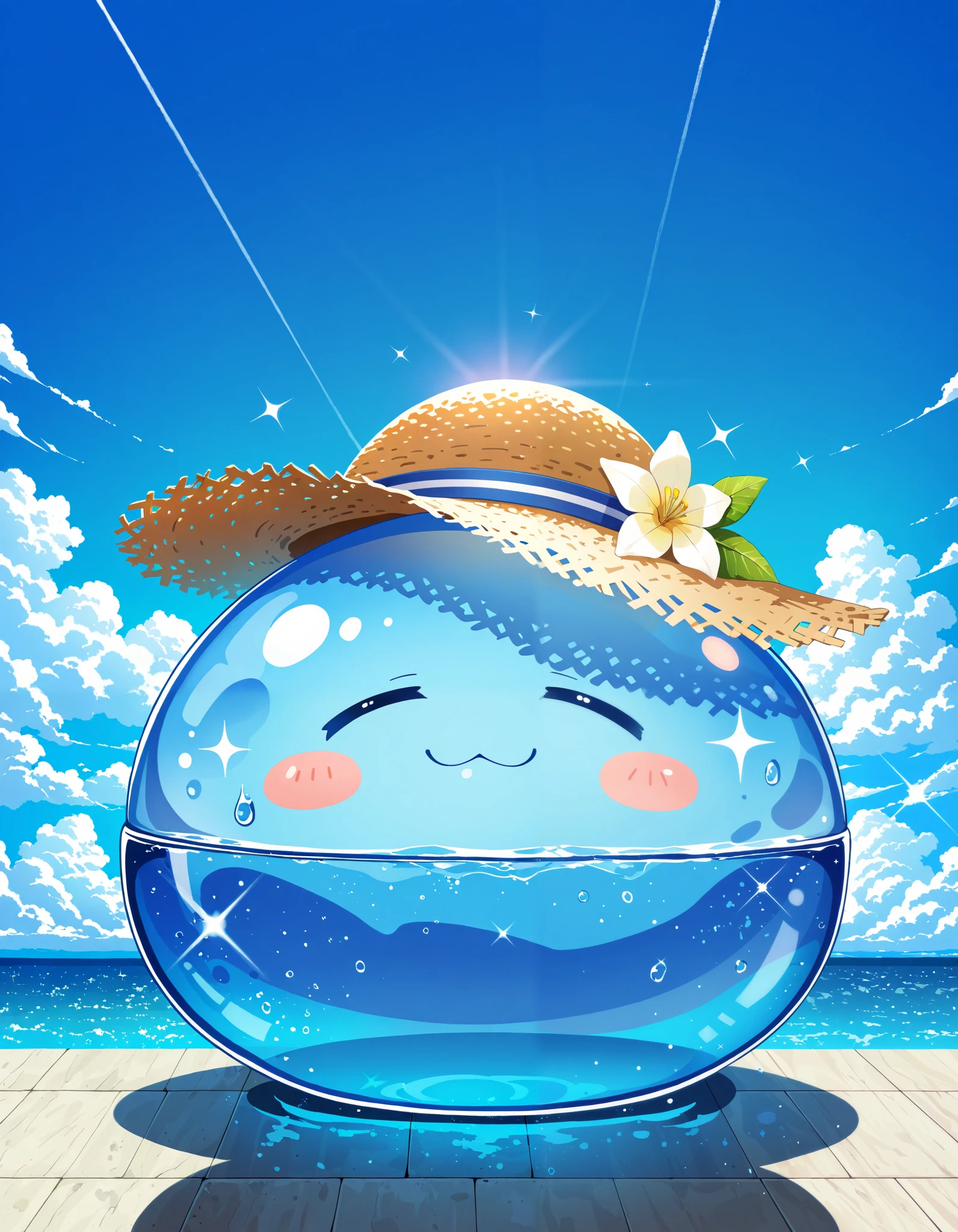 rimuru slime \(blob\), food creature eyes closed, lazy, glistening blue body, translucent body, mouthless, straw hat, sparkles, BREAK, masterpiece, best quality, high quality, [:3d:0.15], detailed background, ambient silhouette, backlighting, [:santorini, cloud, summer, blue theme, blue drink:0.15], BREAK, flower, blue pudding, blue cake