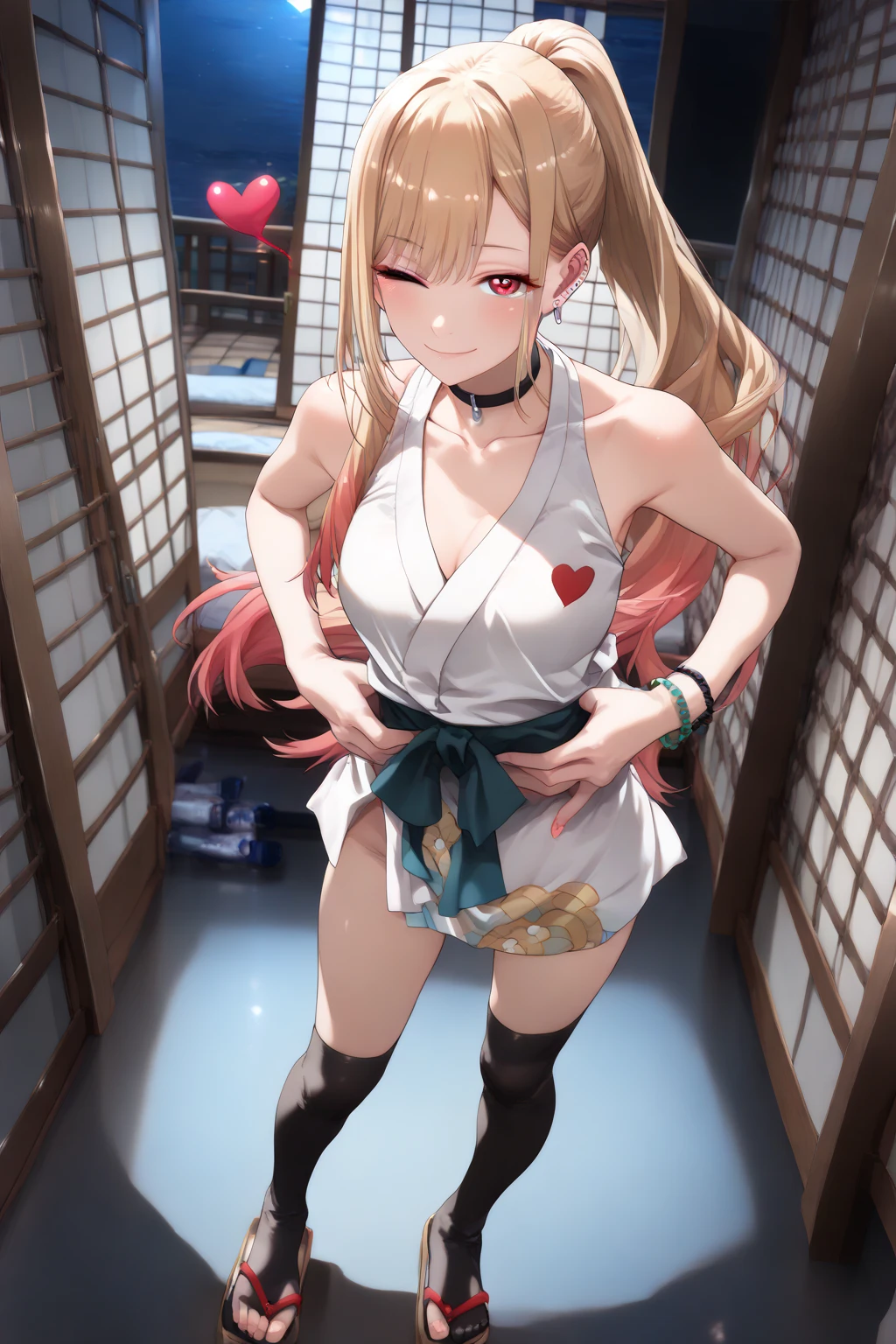 masterpiece, best quality, beautiful art, high resolution, well formed hands, body and fingers, 1 woman, solo, Tiffania Westwood , elf ears, grown up, cosplaying as Mai Shiranui , mai_shiranui_cosplay, adult, large and round breasted, cleavage full body, hair ribbon, gorgeous legs and, thighs, sexy Japanese clothes, hair ornament , sexy legs , hips and thighs, fighting in a combat match, showing her fighting skills, making her guard, about to hit the viewer, looking at the viewer, sweating, bouncing breasts, smiling joyfully and brightly, being confident and proud, action and fighting scene, martial arts arena with beach environment