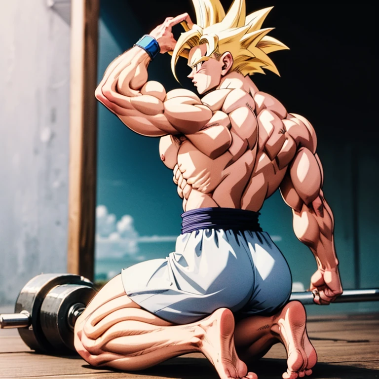 (Eine detaillierte Zeichnung von Son Goku, bodybuilding gym.), shirtless, barefoot, mma, boxing