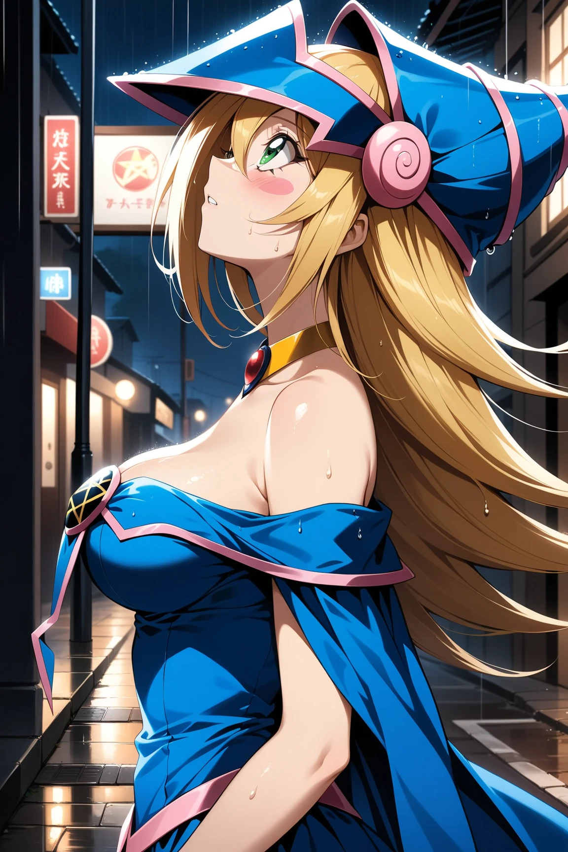 master piece,best quality,ultra detailed,8k,
natural light,realistic skin,glossy skin,
（dark magician girl, duel monster, blush stickers, blonde hair, green eyes, long hair, breasts, blush, bangs, large breasts, hair between eyes, pentacle, pentagram, hat, dress, cleavage, bare shoulders, collarbone, choker, blue headwear, wizard hat, bracer, detached sleeves;）、
（the body is very wet：1.5）、glossy lips、Slightly emphasize the lower lip、blush、embarrassed expression、emphasizing the cleavage、（primary school student、high school student、Three twenty-year-old sisters）、
（The character appears to be trapped inside a spherical glass bottle.：1.3）、Sakura tree in a spherical glass bottle、fantastic night sky、Crescent Moon、aurora、horizon、open-air bath、Japanese inn、futon