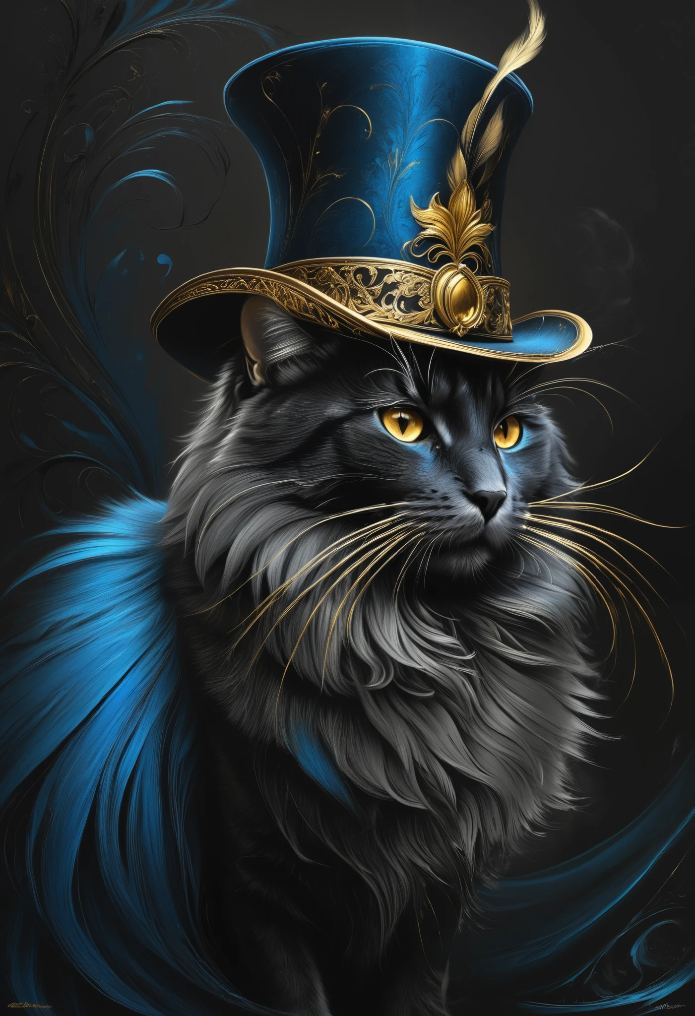 shading with black pencil, Charcoal drawing , tinted paper , Pencil drawing, brutal dark b / The color scheme , gold patterns,
The magic mouse , in shimmering blue a magic hat with fur , catching light , tail, curling with curiosity , surrounded by golden smoky swirls , captures the mysterious , magical atmosphere, similar to a painting by Antonio Mora or Giovanni Boldini, with Casey Beau's attention to detail , ultra-realistic, 4k digital painting , HDR, RTX with dynamic lighting , and the matte aesthetic .