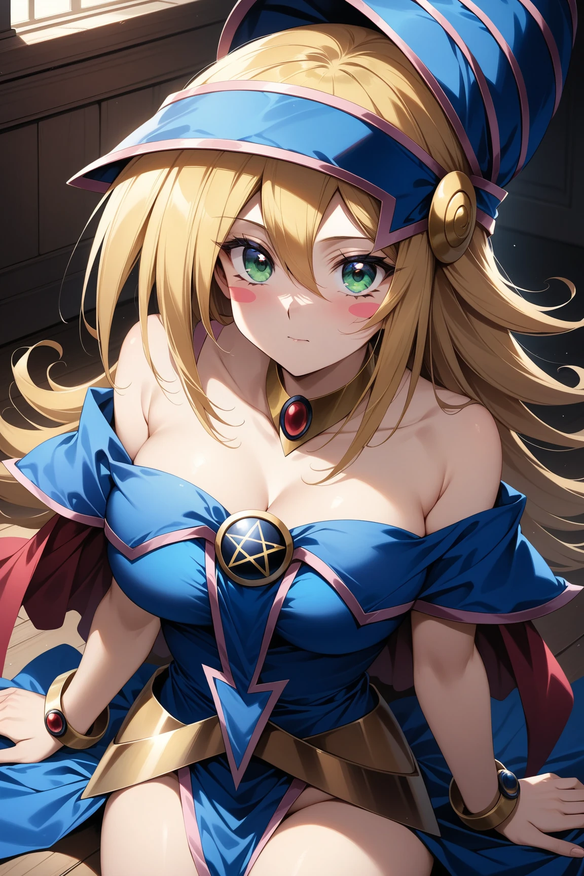 dark magician girl, duel monster, blush stickers, blonde hair, green eyes, long hair, breasts, blush, bangs, large breasts, hair between eyes, pentacle, pentagram, hat, dress, cleavage, bare shoulders, collarbone, choker, blue headwear, wizard hat, bracer, detached sleeves;highest quality,((highest quality)),((Tabletop)),((Perfect Face)),detailed5Two fingered hand,1 girl,(Background Blur), ((Holographic)),1 girl,milky way, (stripes of light), Impressive visuals, (Dynamic Streaks, Path of Light:1.2), Bright colors,whole body,Dynamic pose