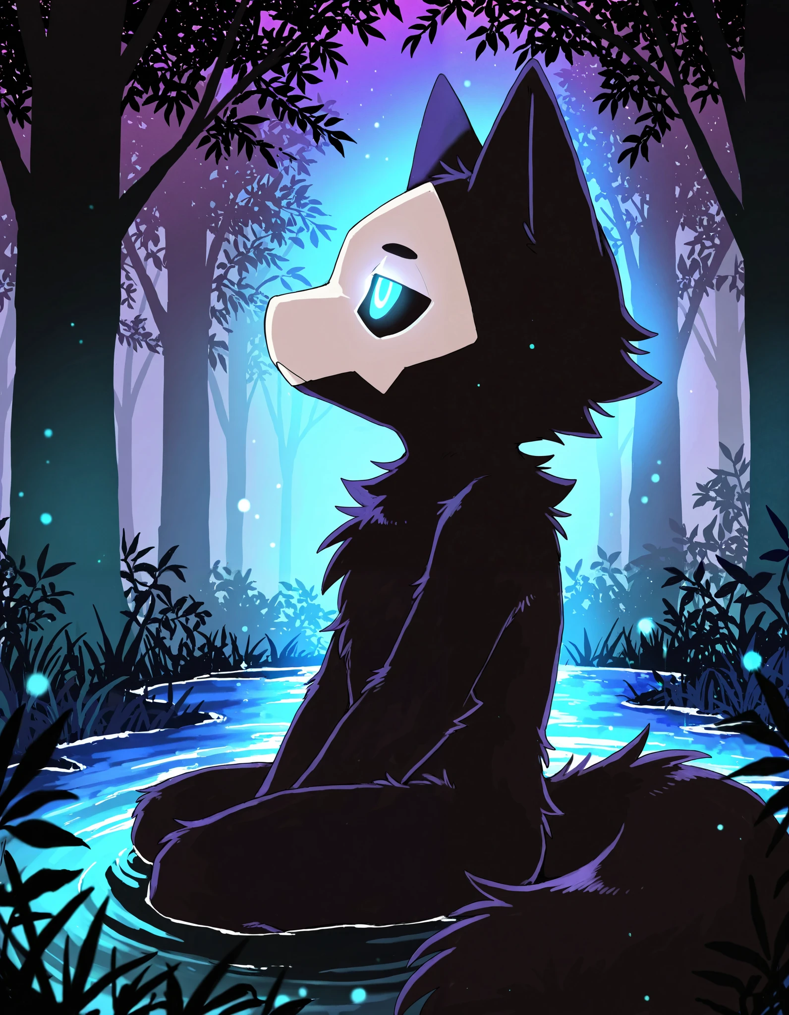 solo anthro furry, puro \(changed\), side view, fluffy tail, half-length portrait, sitting on ground, half-closed eyes, glowing eyes, ink particle effects, BREAK, masterpiece, best quality, high quality, horror \(theme\), changed, [[:by Chano, by Manmosu Marimo:0.1]:realistic:0.35], detailed background, silhouette, depth of field, fractal, darkness night, science lab, [:water, tree, plant,:0.1], purple light, blue light, ambient firefly