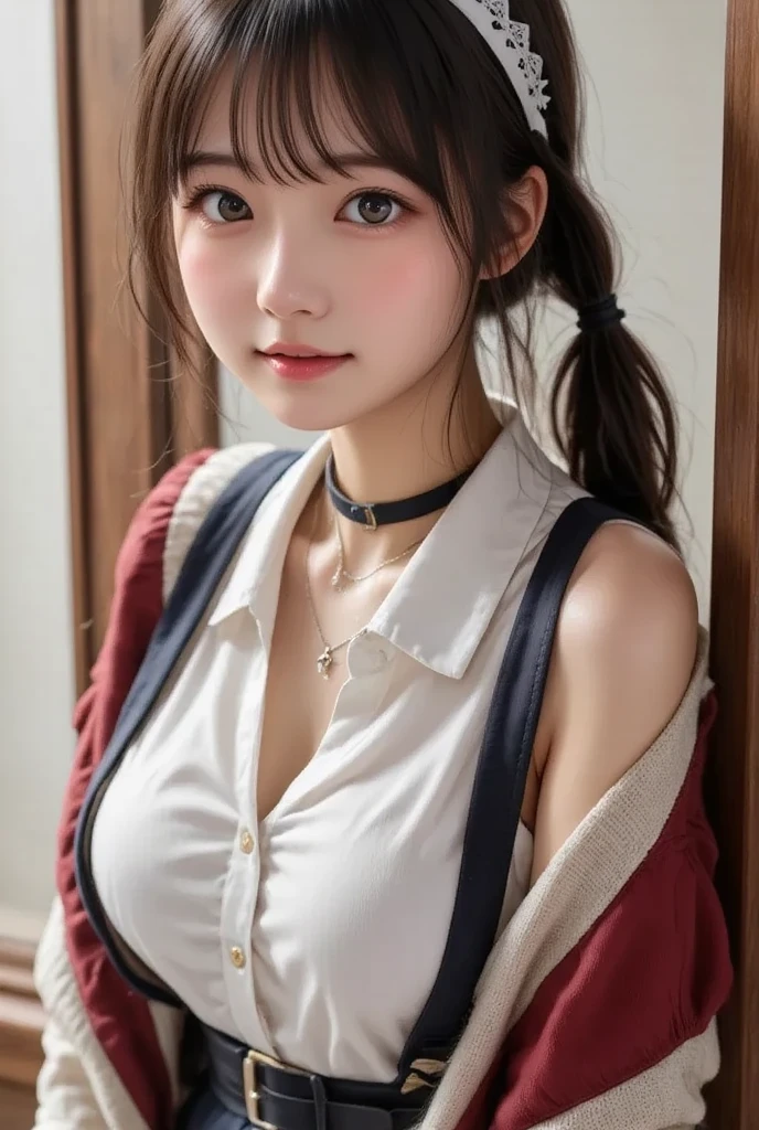 masterpiece、top-quality、Raw photo、Photorealsitic、hugetits、face lights、shinny skin、hight resolution、super detailing、Black Choker、A dark-haired、Medium Hair、校服、hi-school girl、Classroom、A smile、Colossal tits