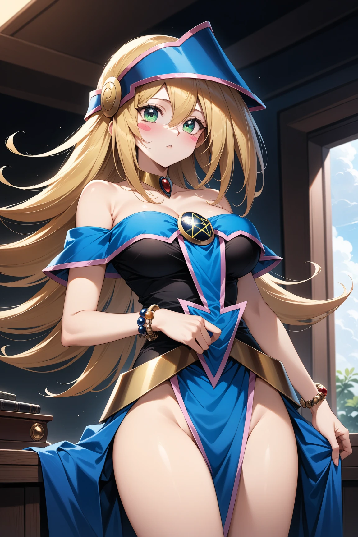 (masterpiece:1.2)、highest quality、High resolution、unity 8k wallpaper、(figure:0.8)、(Beautiful fine details:1.6)、Tight eyes、Angry Eyes、Highly detailed face、Perfect lighting、Highly detailed CG、(Perfect hands、Perfect Anatomy)、Dark Magician Girl、Blonde Hair、choker、(Green Eyes:1.5)、Long Hair、ahoge、
bare shoulders、Blue footwear、blush、Cleavage、clavicle、Large Breasts、Off the shoulder、Pentacles、wizard、(Blue clothes:1.5)、(Short skirt:1.3)、Spread your legs、Show blue pantieidriff peek、
looking at viewer、outdoors, city、