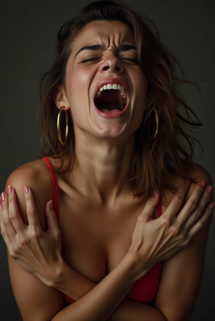 Make German women wear tank tops with big, firm breasts,both hands holding both breasts with tongue out expression,her nipples are visible,expression of pleasure