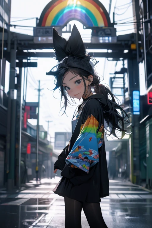 The back of the girl,the street,long whitr hair,Retro,nostalgia。Street,yellow tint。falling leaf,Anime style --auto