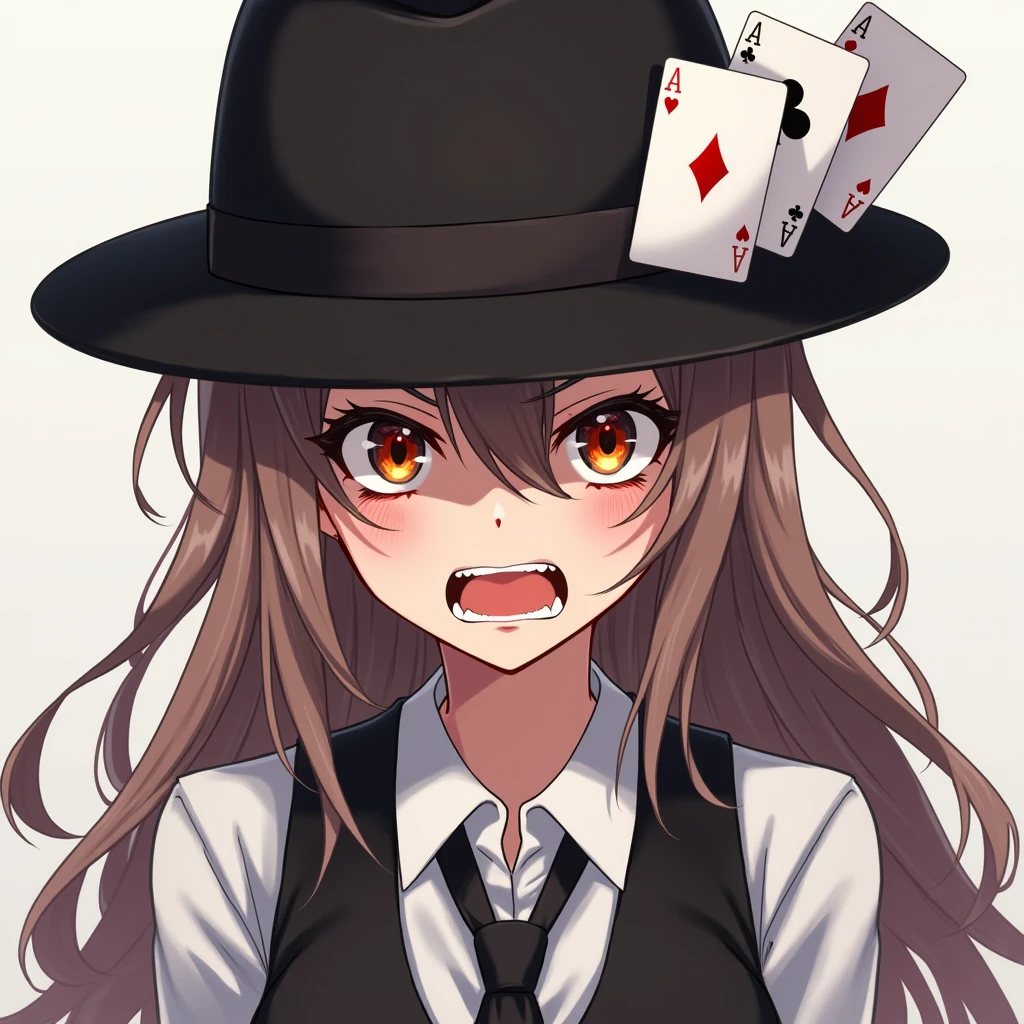 anime teenage girl gambler with red eyes her hands are not visible but cards float around her. She wears phantom theif style clothing such as fancy trenchcoat, she has messy shoulder length hair